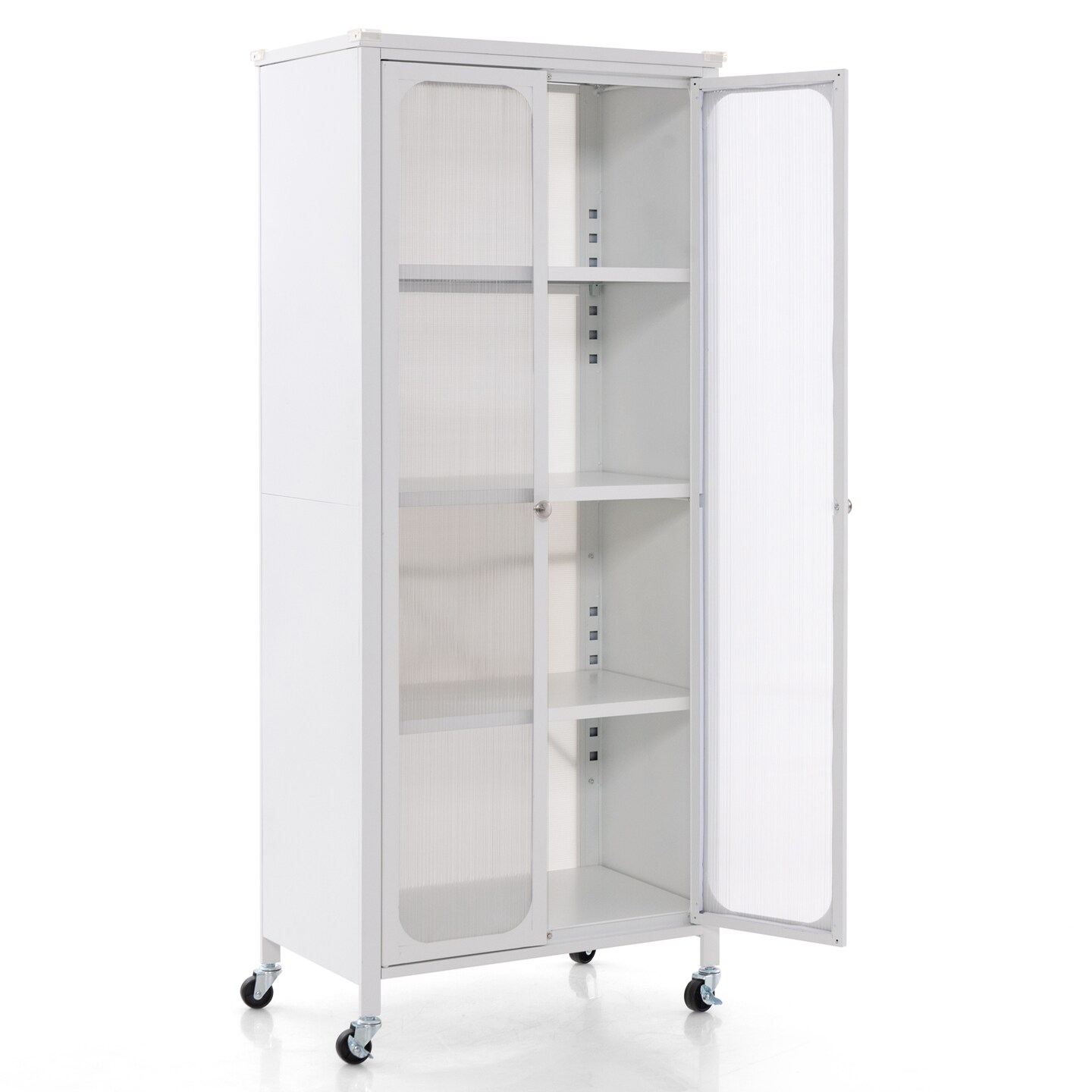 White Metal Storage Cabinet with Adjustable Shelves & Lockable Wheels