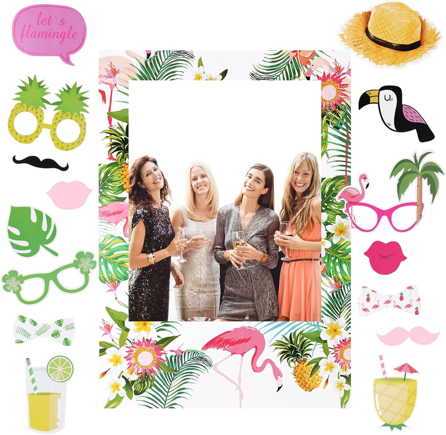 15-piece Luau photo booth props kit featuring tropical-themed items and a summer beach photo frame—perfect for Hawaiian luau parties, summer beach celebrations, and fun photo opportunities.