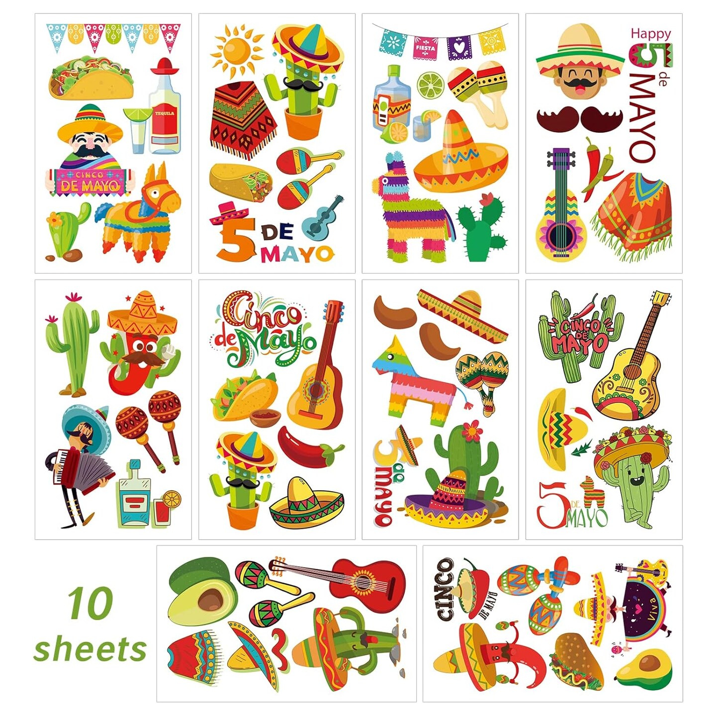 60 Pieces Cinco De Mayo Mexican Fiesta Tattoos for Kids, Fiesta Party Decorations, Taco Pinata Bachelorette Temporary Tattoo Stickers for Party Supplies Favors