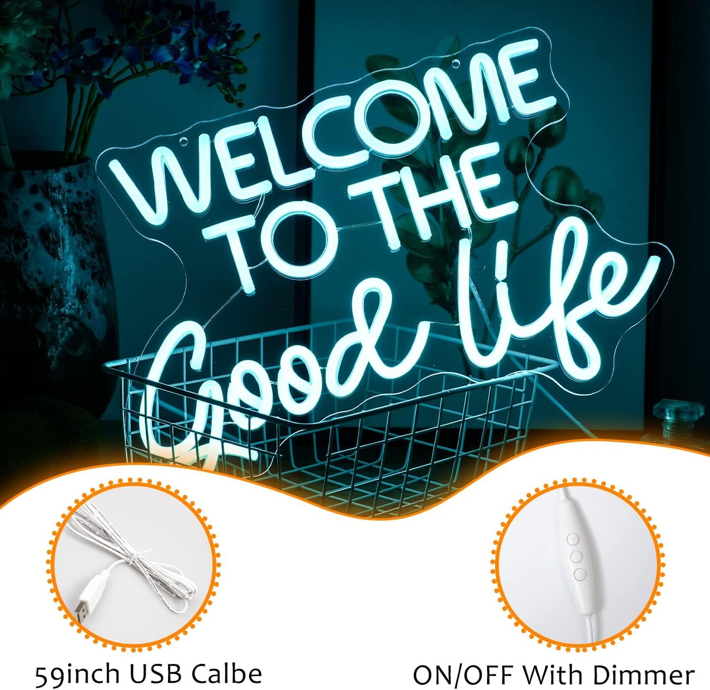 Summer &#x22;Welcome To The Good Life&#x22; Neon Sign &#x2013; Ice Blue LED Light, Dimmable, USB Powered, 16.5&#x2019;&#x2019; x 11&#x2019;&#x2019; &#x2013; Cool Wall Decor for Beach Parties, Poolside Hangouts, Kids Rooms, and Summer Gifts
