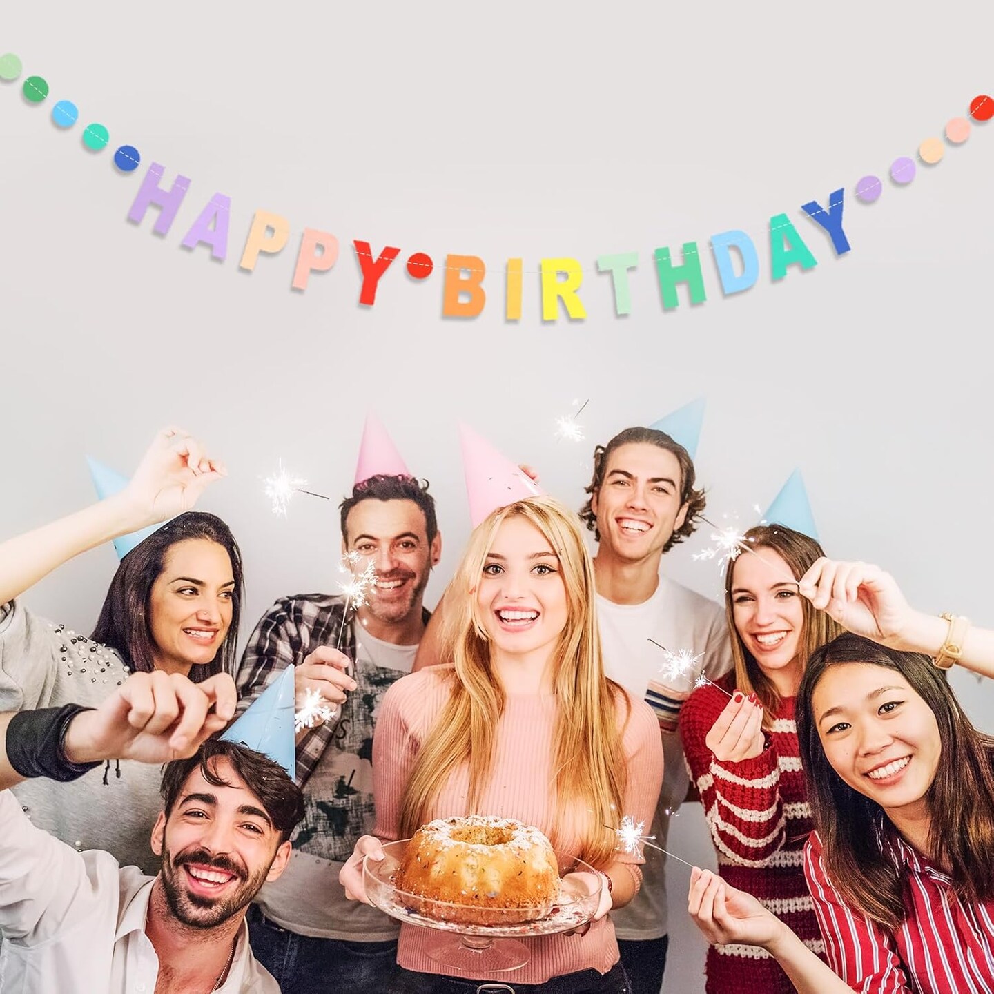 Happy Birthday Banner,Pre-Strung Colorful Cardboard Birthday Banner with Colorful Dot Decoration Garland, Rainbow Theme Party Supplies