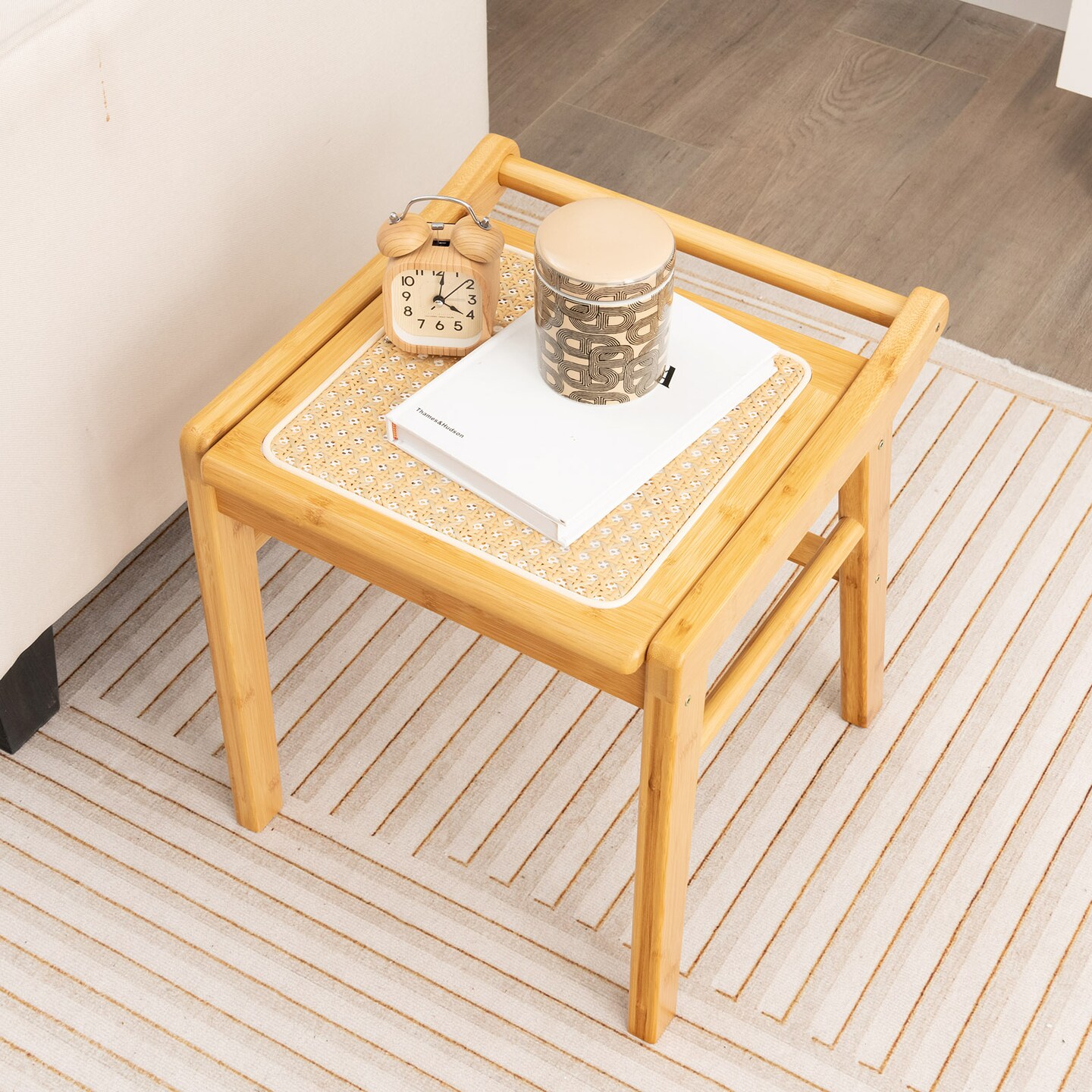 Natural Wicker Vanity Stool with Faux Rattan Surface and Reinforcement Bar Suitable for Any Room
