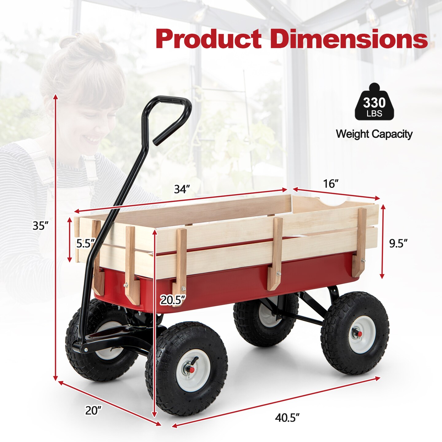 Garden Cart with Wood Railing and Pneumatic 2 Front Wheels Perfect for Grassland or Sand Land