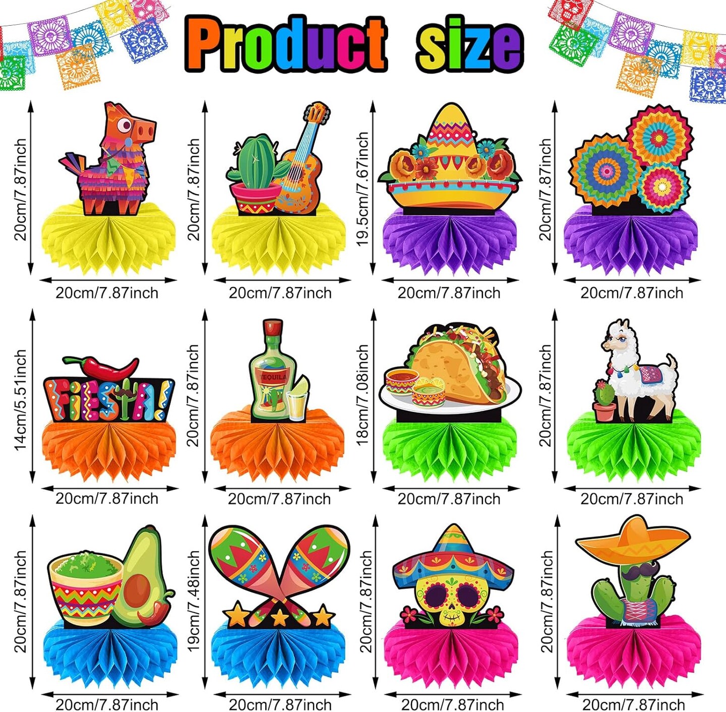 12 Pieces Fiesta Honeycomb Table Centerpiece, Cinco De Mayo Party Table Decorations, 8 Inch Mexican Table Centerpiece for Mexican Fiesta Decorations Theme Party Supplies