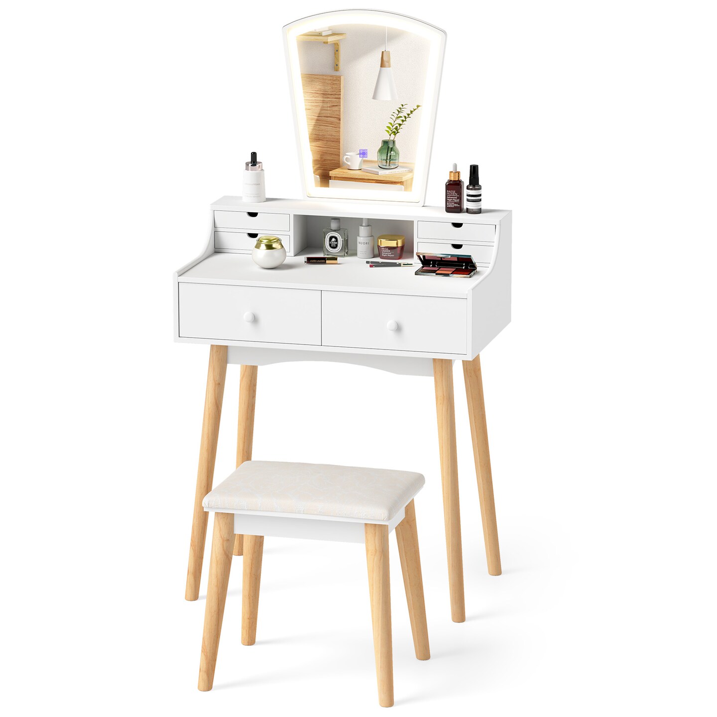 White Vanity Desk Set with 3-Color Adjustable LED Lighted Mirror and Storage Drawers