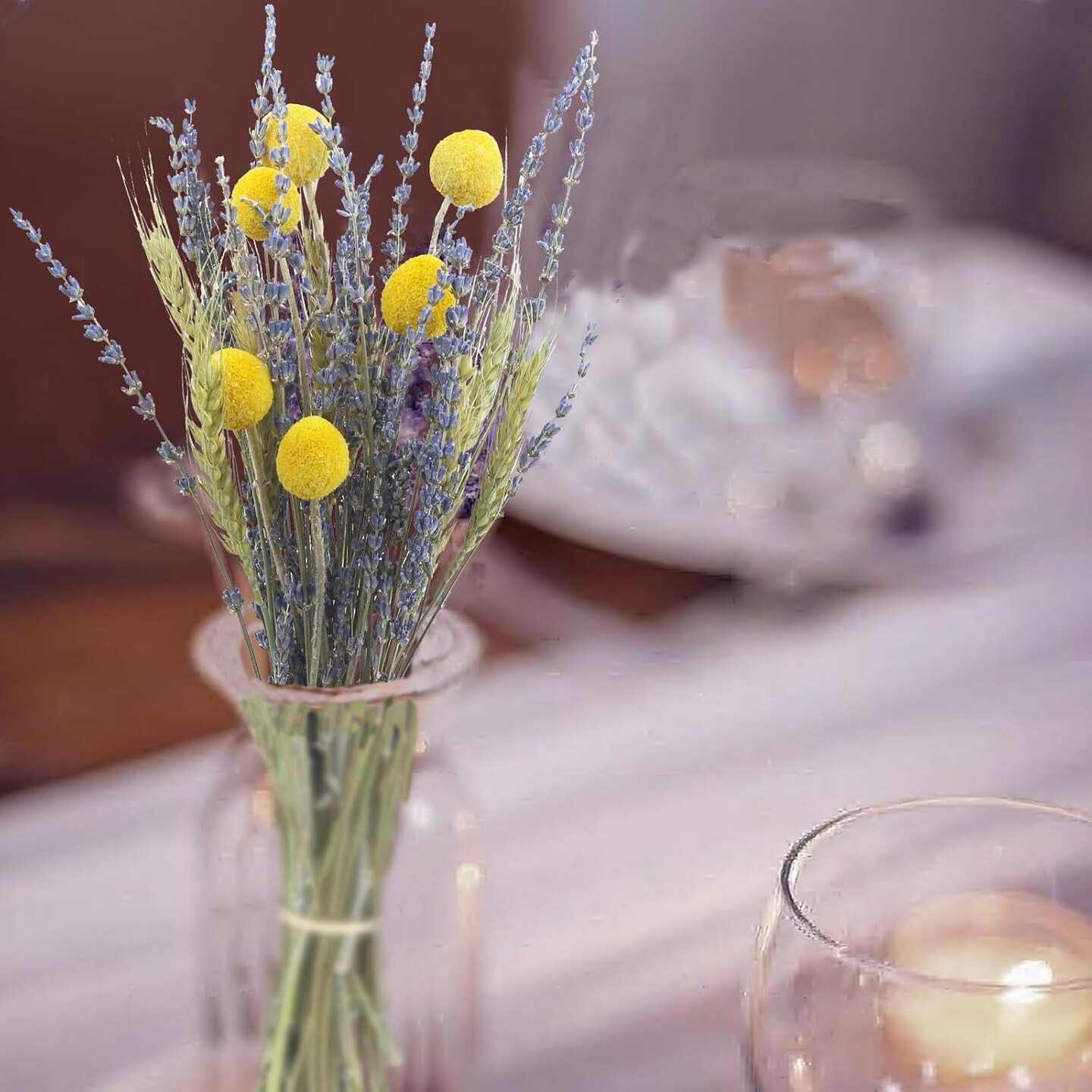 Dried Flowers Bouquet Dried Wheat Stalks Bundle Natural Lavender Dried Flowers Craspedia Flowers Dried Floral Arrangements for Wedding Party Table Centerpiece Decor Farmhouse DIY