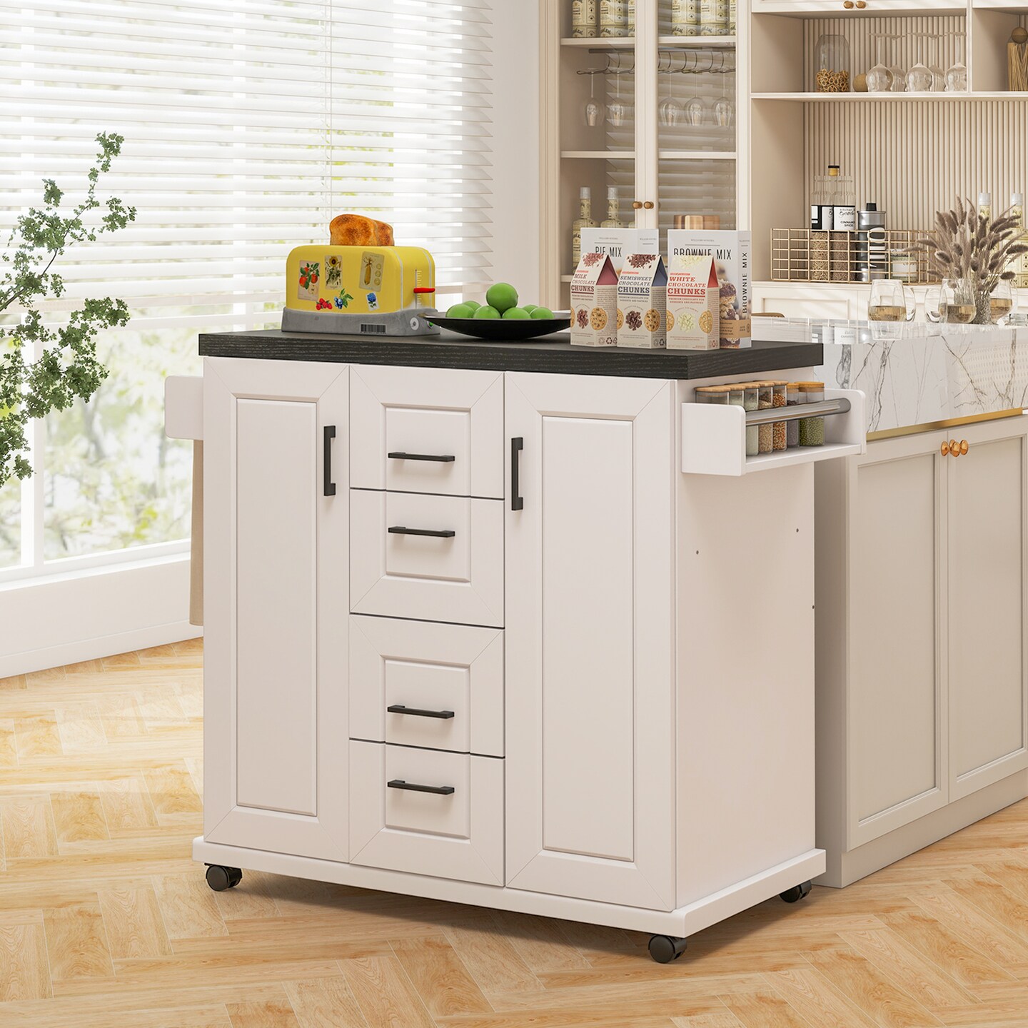 White Engineered Wood Kitchen Island Cart with Drawers and Towel Rack