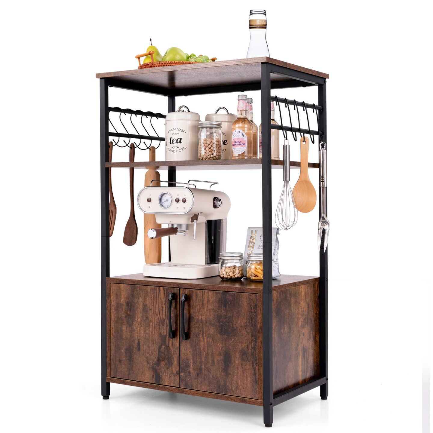 3-Tier Brown Kitchen Bakers Rack with 2 Doors Cabinet and 2 Open Storage Shelves