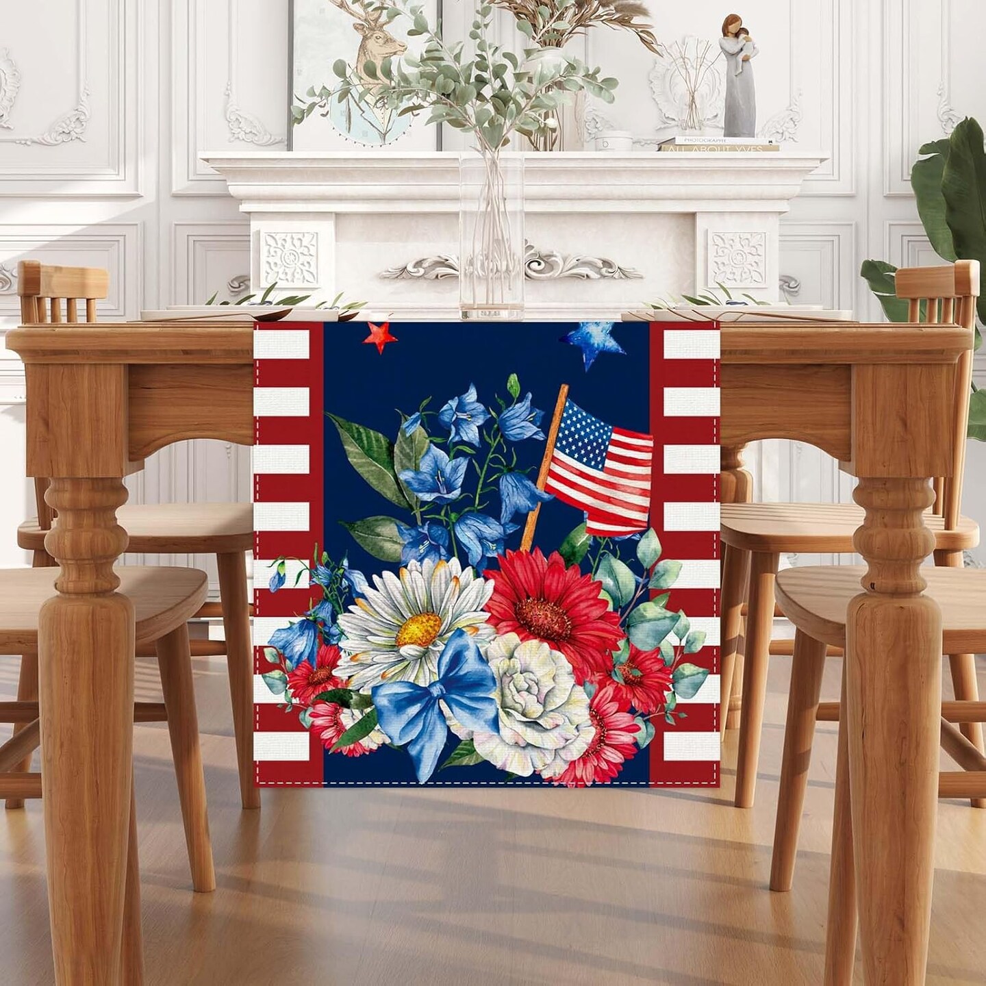 Watercolor Red White and Blue American Flag Stars Table Runner 72 Inches Long 4th of July Memorial Day Veterans Day Patriotic Decoration and Supplies for Home
