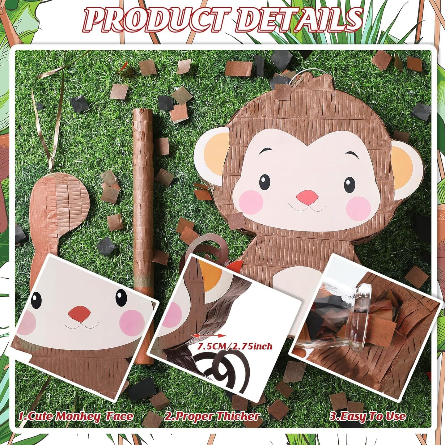 Monkey Pinata Birthday Party Decorations Farm Animal Themed Birthday Party Supplies with Blindfold Stick and Confetti for Girls Boys Kids