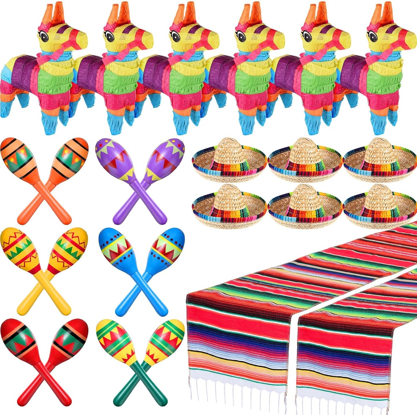 6 Pcs Mexican Decor Fiesta Decorations Include 6 Donkey Pinatas 12 Large Fiesta Maracas 2 Mexican Serape Table Runners 6 Mexican Sombrero Hats for Mexican Decorations Favors(Boho)