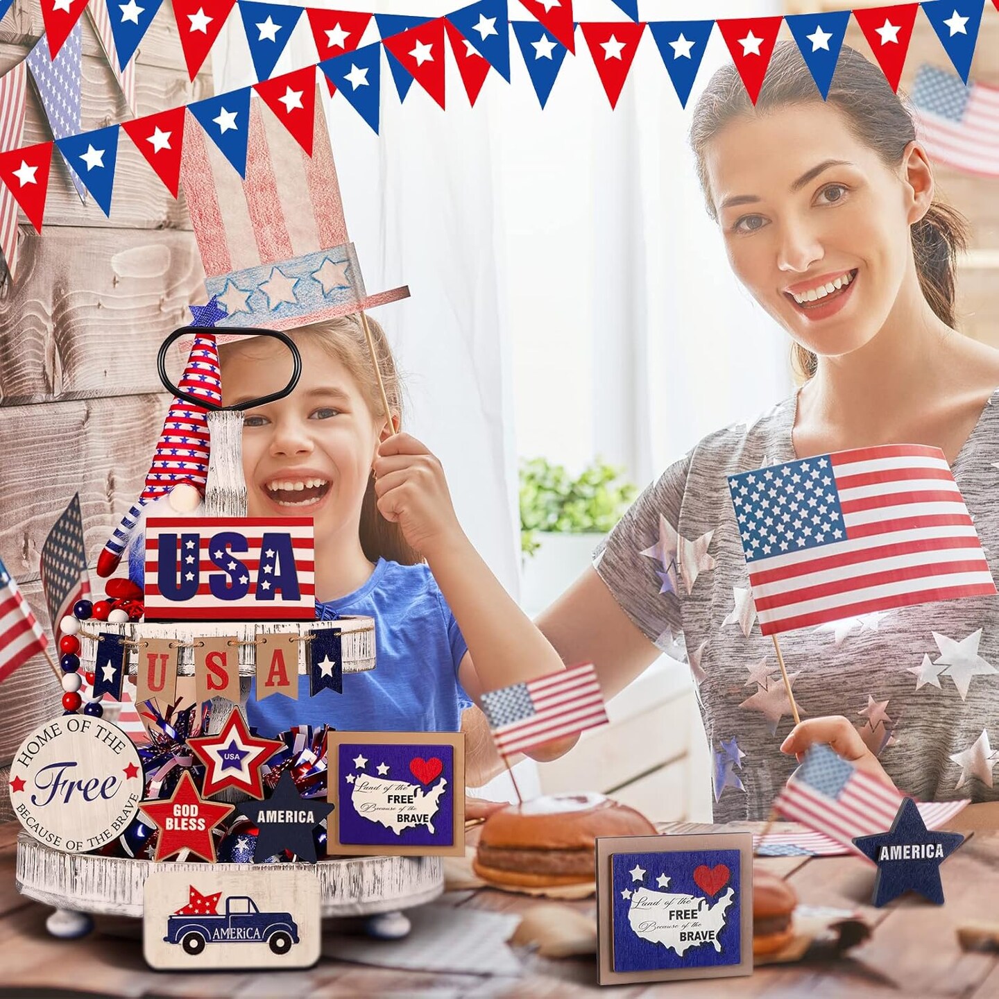 Patriotic Tiered Tray Decor Set 4th of July Tabletop Decor Memorial Day Decorations Red White Blue Wooden Sign Farmhouse Independence Day Centerpieces American Flag USA Decor(Classic Style)