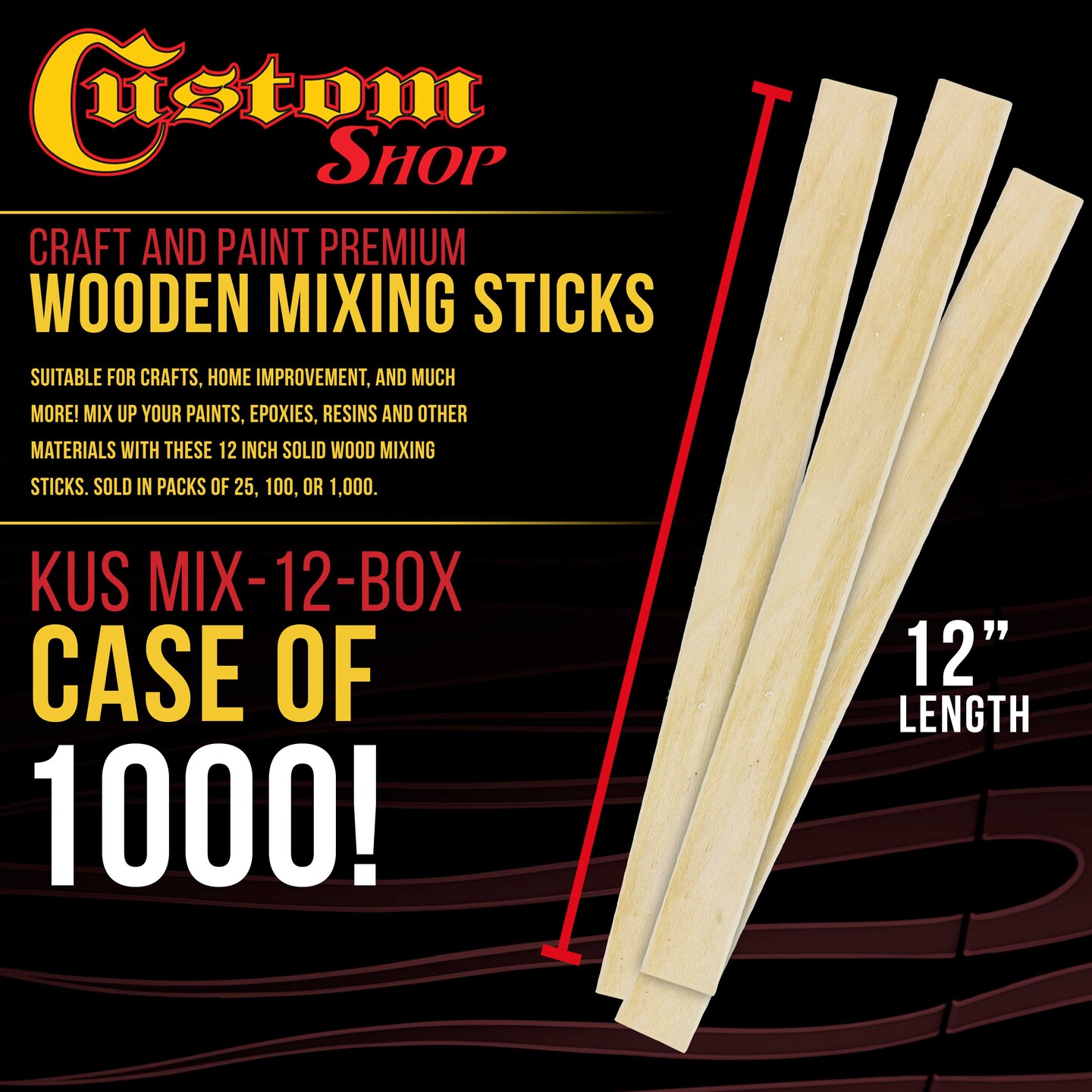 Craft and Paint Sticks - 12&#x22; Inch Premium Grade Wood Stirrers / Paddles - Use For Wood Crafts - Paddle To Mix Epoxy Resin Paint - Case of 1000 Sticks