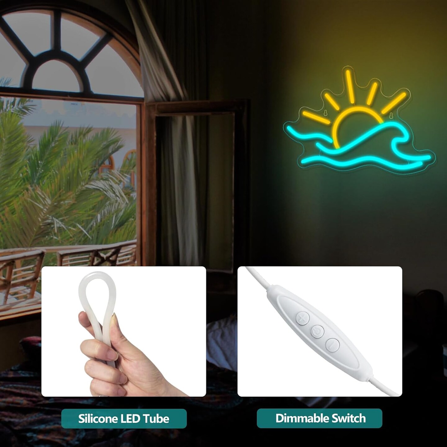 Summer Sunrise Sunset Neon Sign, Dimmable Sun Sea Wave LED Neon Light for Wall Decor, USB Powered Ocean Surf Neon Signs, Acrylic Sun Sign for Bedroom Living Room Bar Cafe Game Room Birthday Party