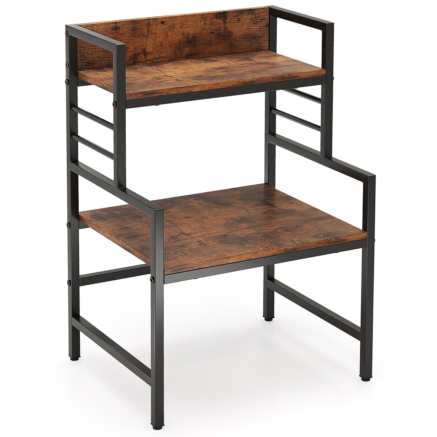 Rustic Brown 3-Tier Microwave Stand with 2 Open Storage Shelves and Black Metal Frame