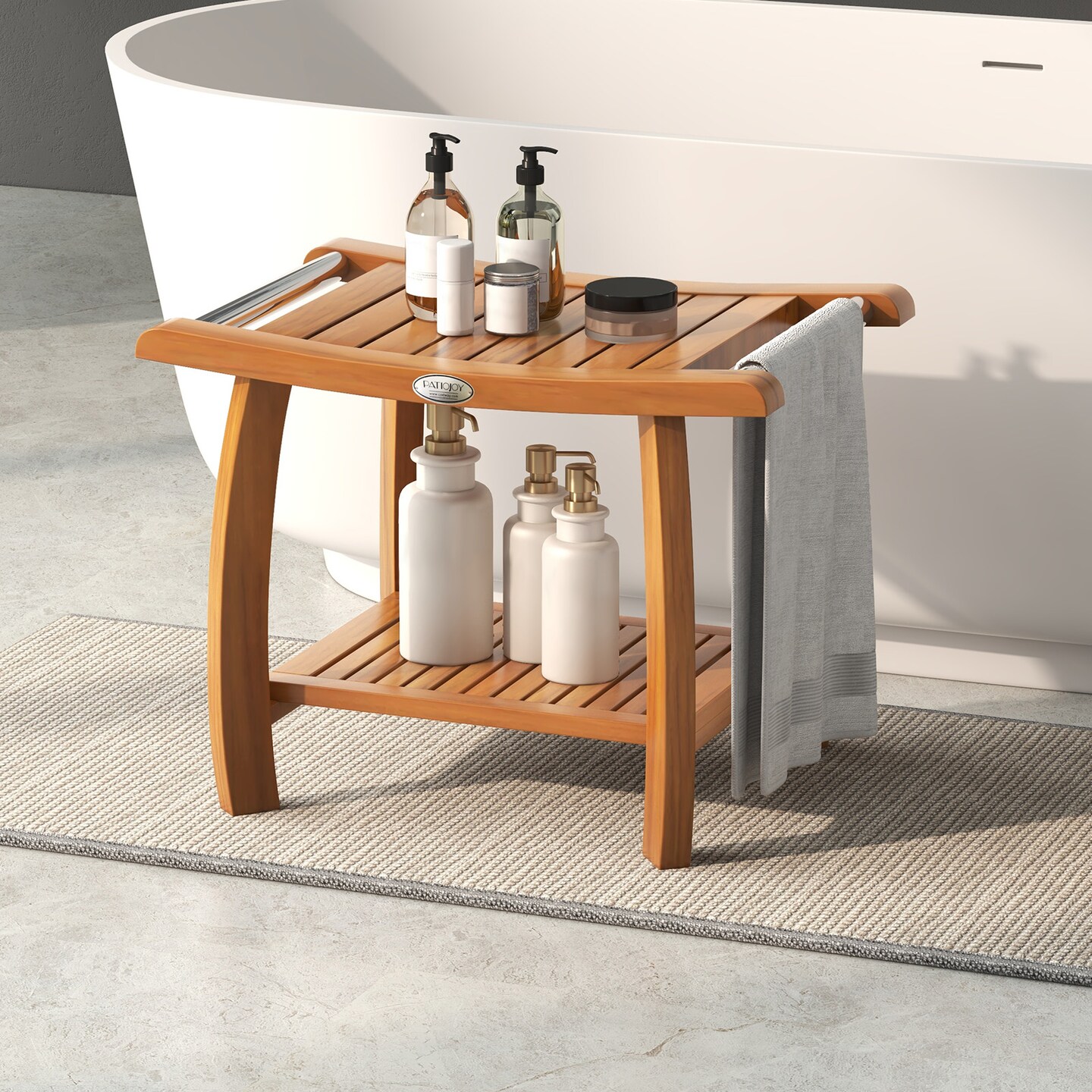 2-Tier Teak Wood Shower Bench Stool with Curved Seat and Handles Ideal Use as Plant Stand or Side Table