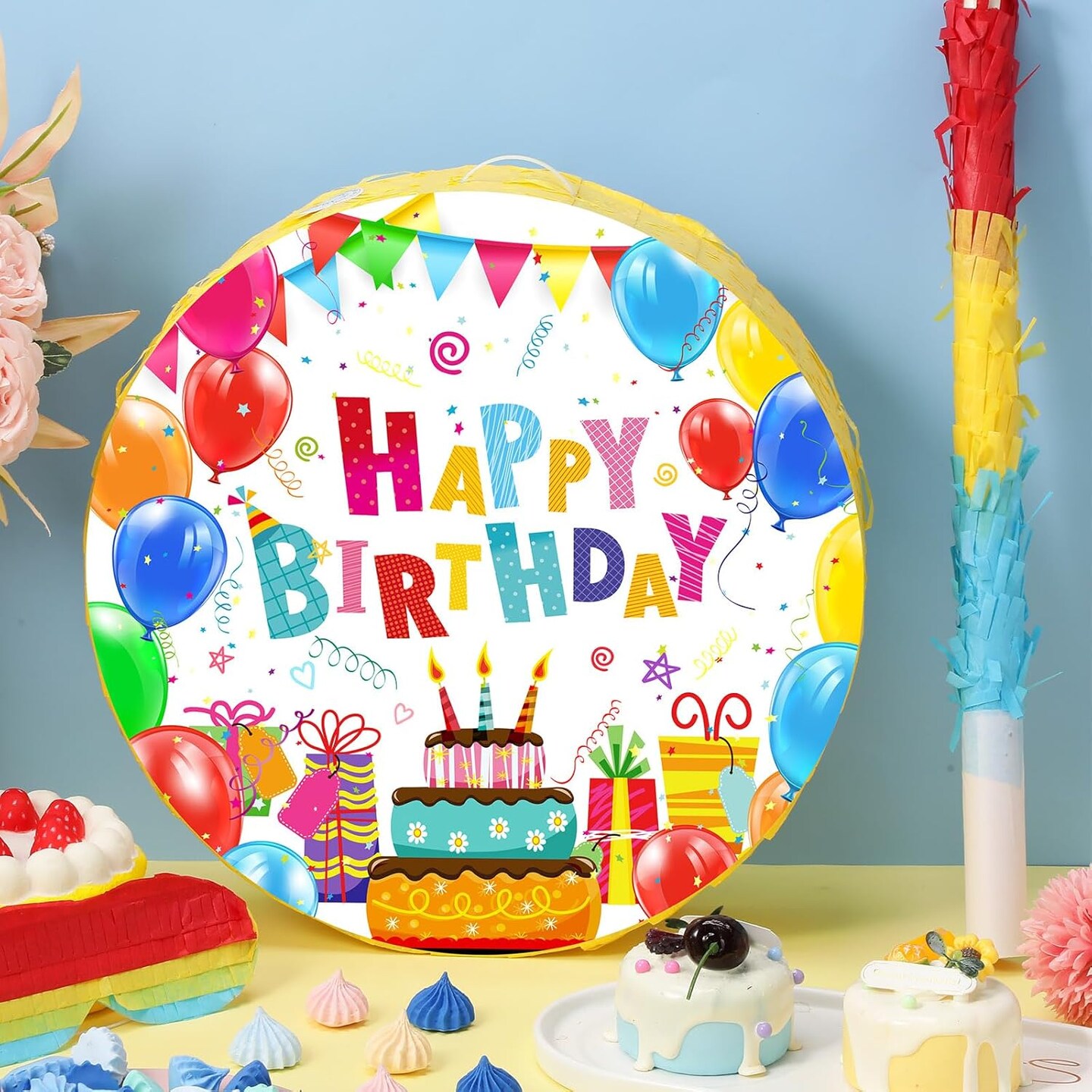 Birthday Pi&#xF1;ata Happy Birthday Pi&#xF1;ata Colorful Birthday Pi&#xF1;ata with Bat Stick Blindfold Mask and Confetti for Girl Boy Birthday Theme Party Game Supplies Decor,12.6 x 12.6 x 3 Inch