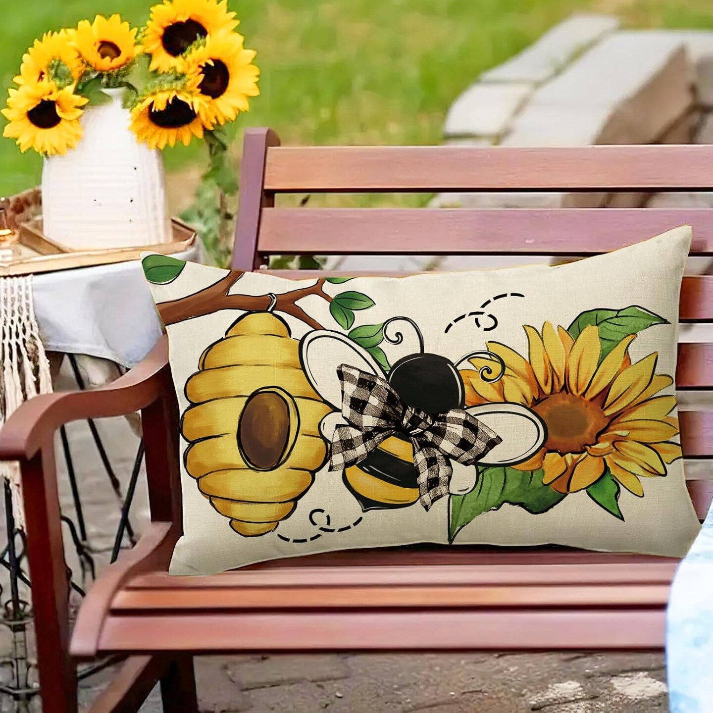 Honeycomb Sunflower Flower Porch Patio Outdoor Pillowcase, Beehive Floral Bow Sofa Cushion Case Home Decor