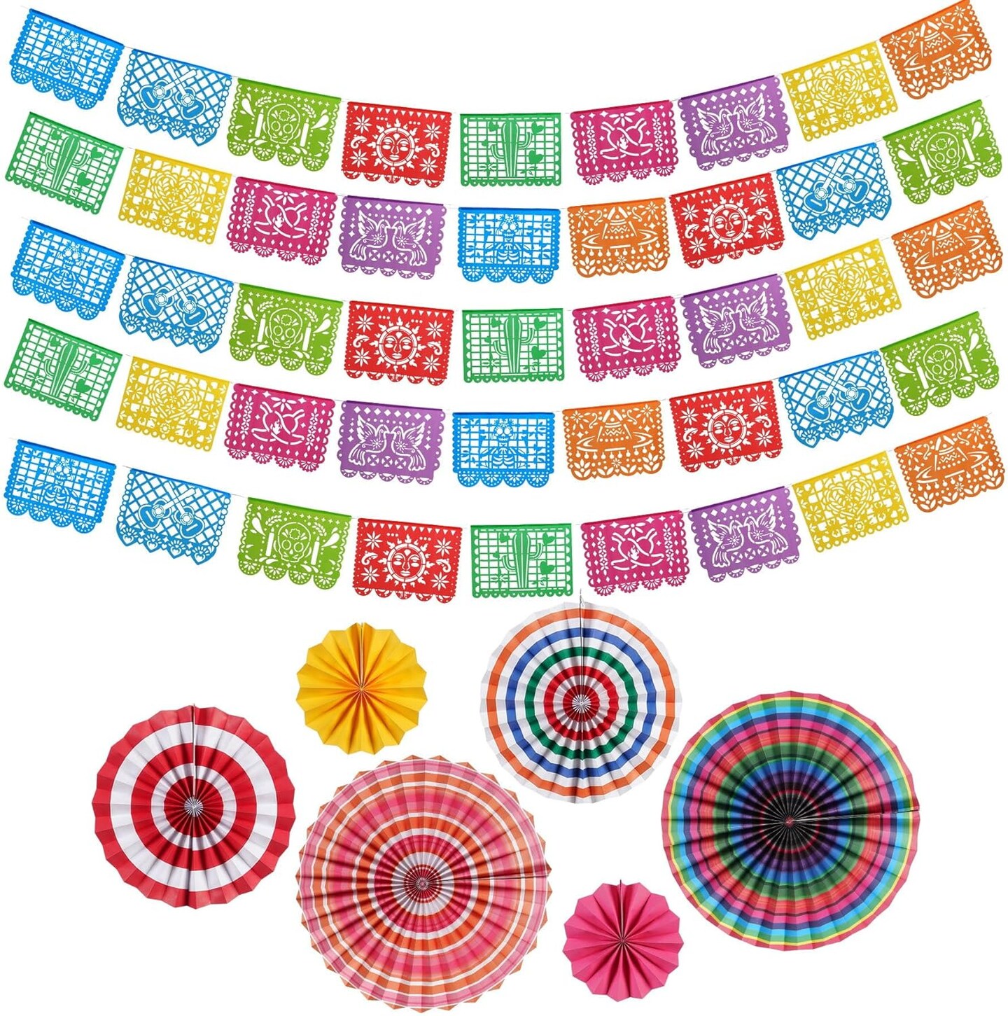 11Pcs Cinco de Mayo Decorations,Mexican Party Decorations, 90 Feet Papel Pacido,Fiesta Party Decoration Mexican Party Banner with 6 Pcs Fiesta Paper Fan,Papel Picado Banner for Mexican Carnivals Birthday