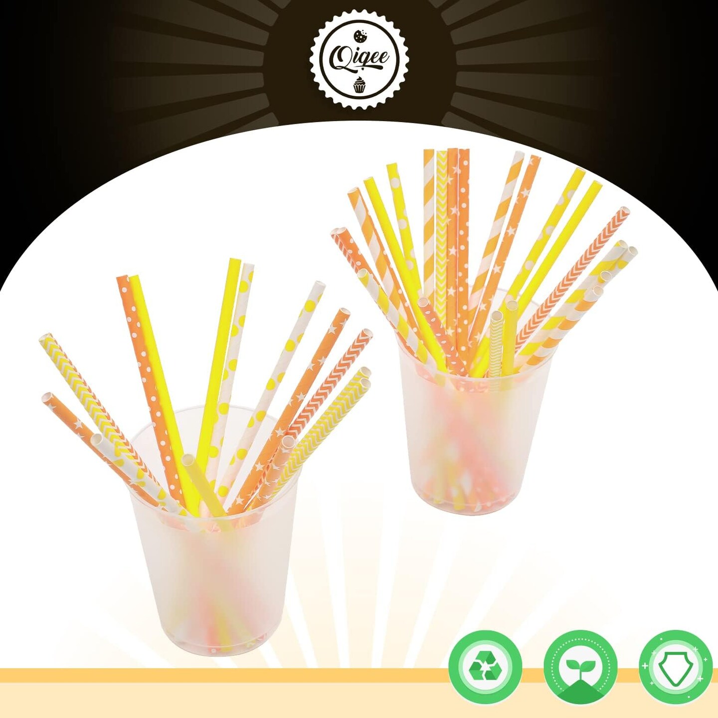 Yellow Orange Paper Straws for Drinking Yellow Disposable Straws 150pcs Biodegradable Disposable Straws Bulk(10 Pattern)
