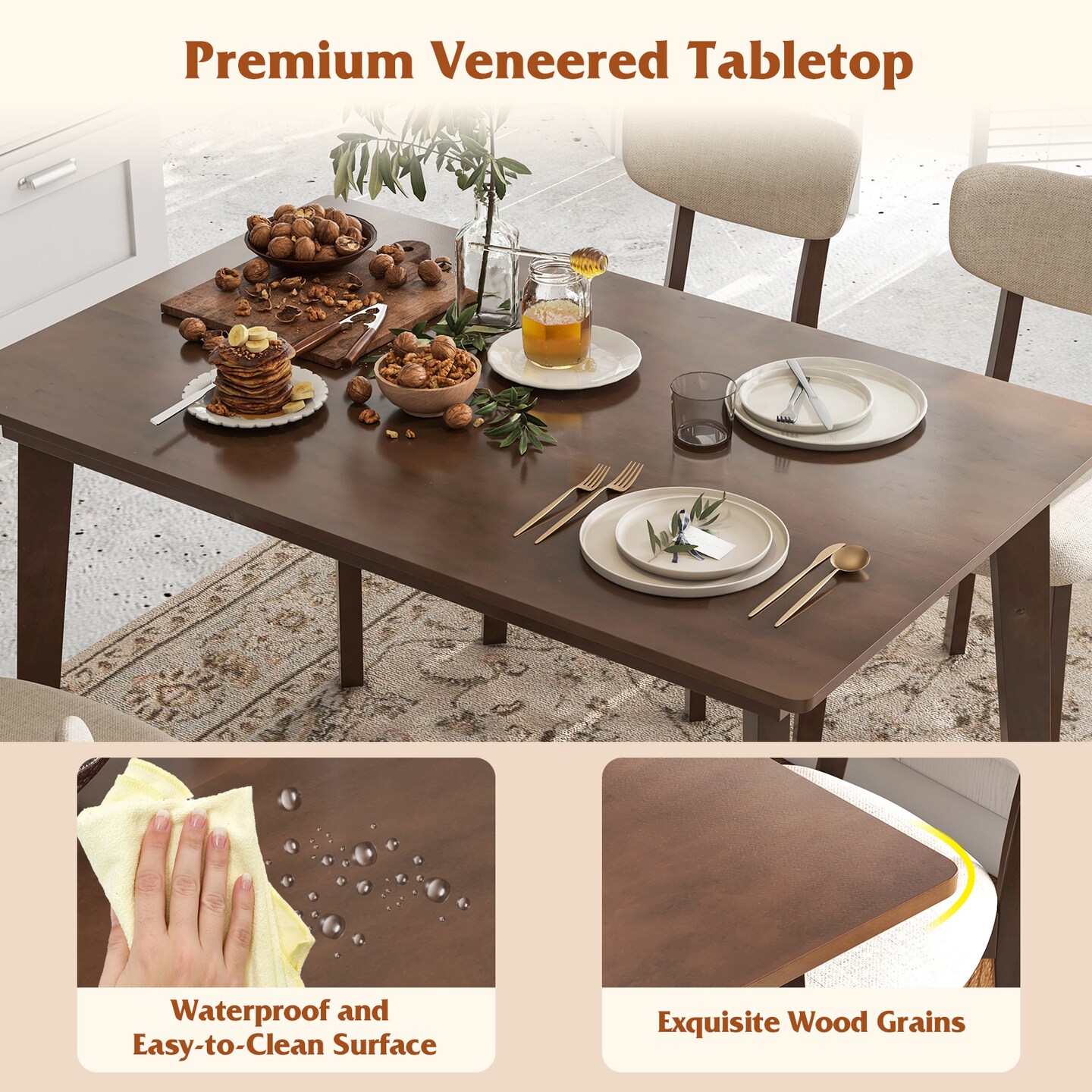 Brown Rubber Wood Dining Table with MDF Top, Sturdy, Spacious and Versatile