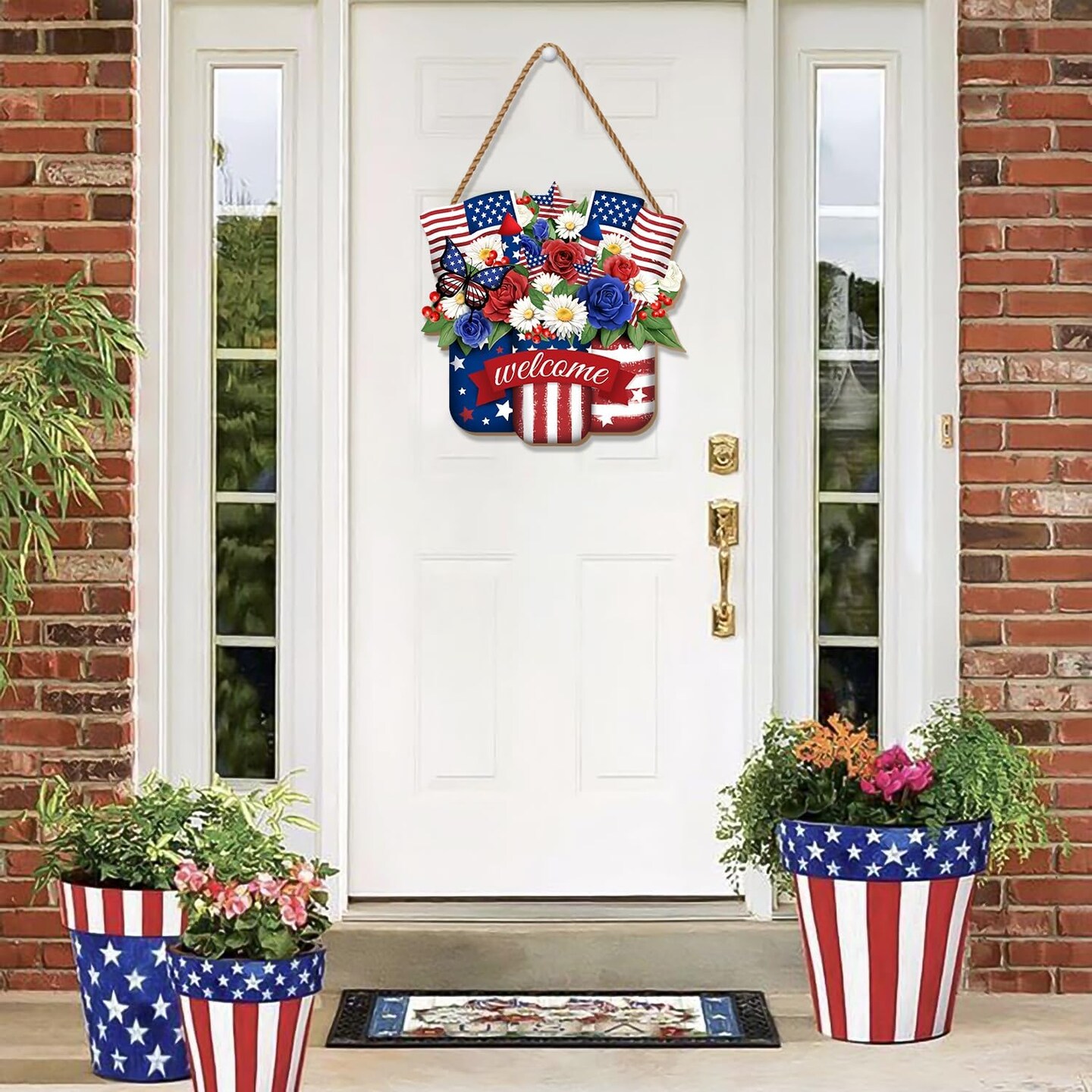 4th of July Door Sign Independence Day Wreath Patriotic Door Decoration Flower US Wooden Sign for Memorial Day Front for Door Decor 12 Inch Outdoor