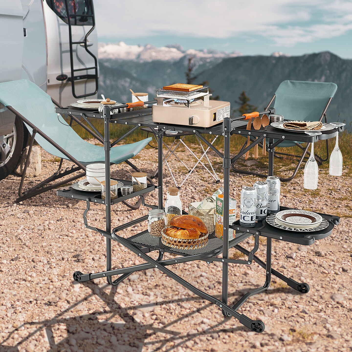 Black Foldable Portable Outdoor Cook Station with X-Shaped Frame and Aluminum Tabletop