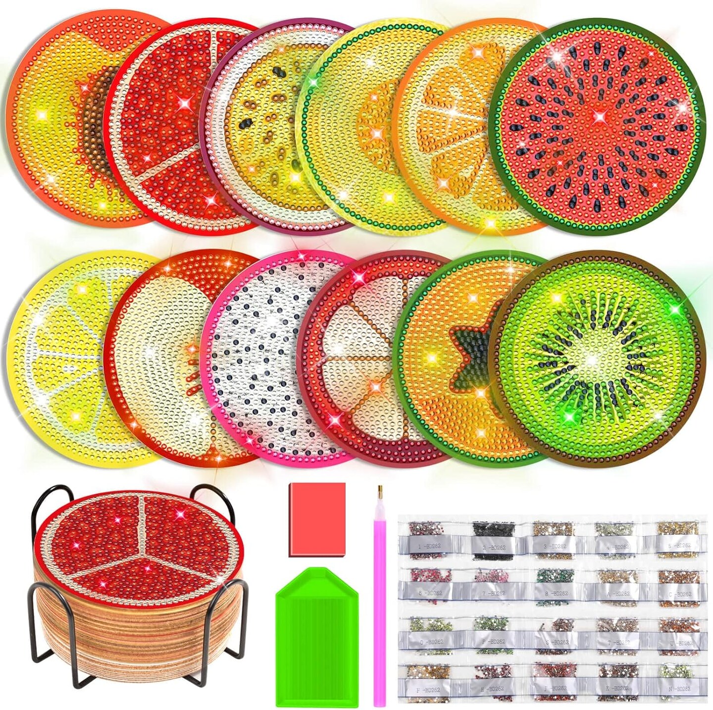 12 Pieces Diamond Art Painting Coasters Kit with Holder, Diamond Art Coasters, DIY Diamond Crafts Projects, Diamond Dot Kits for Adults and Beginners(Fruit Style)