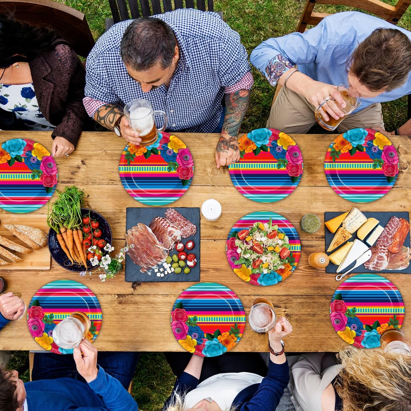 50Pcs Mexican Fiesta Paper Plates 7" Stripes Mexico Party Disposable Mexican Floral Platos Tableware for Mayo Fiestas Dessert Pinata Mexico Taco Colorful Ponchos Party Decoration Supplies