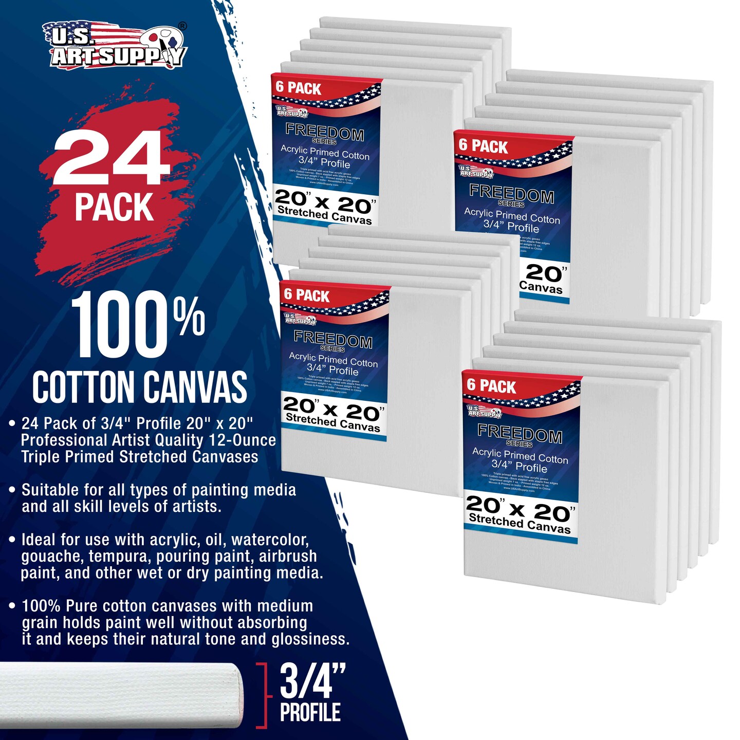 20 x 20 inch Stretched Canvas 12-Ounce Triple Primed, 24-Pack - Professional Artist Quality White Blank 3/4&#x22; Profile, 100% Cotton, Heavy-Weight Gesso
