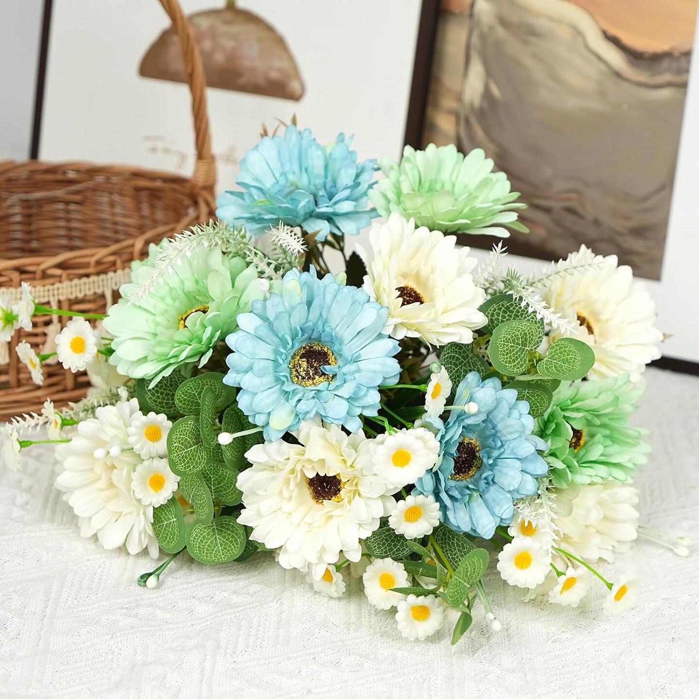Summer Floral Arrangement &#x2013; Silk Flowers for Home Decor, 7Pcs Artificial Daisy Wildflowers, Faux Flower Arrangements for Farmhouse Table Centerpiece