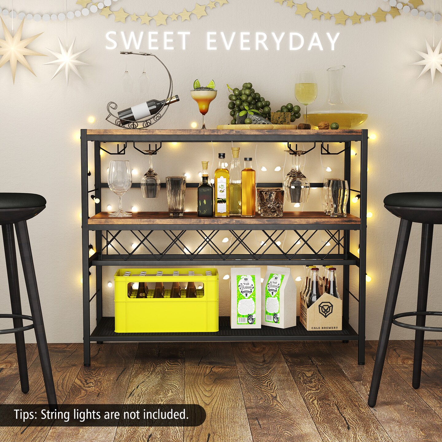 41 Inch 4-Tier Rustic Brown Metal Frame Bar Table with Wine Rack and Glass Holders