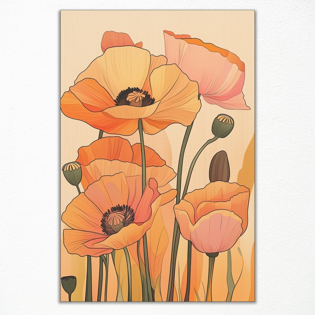 Summer Vintage Flower Canvas Wall Decor, Rustic Poppy Floral Aesthetic Poster, Farmhouse Yellow Poppies Flower Print, Folk Art Botanical Picture, Modern Minimalist Boho Art, 8x12in (Unframed)