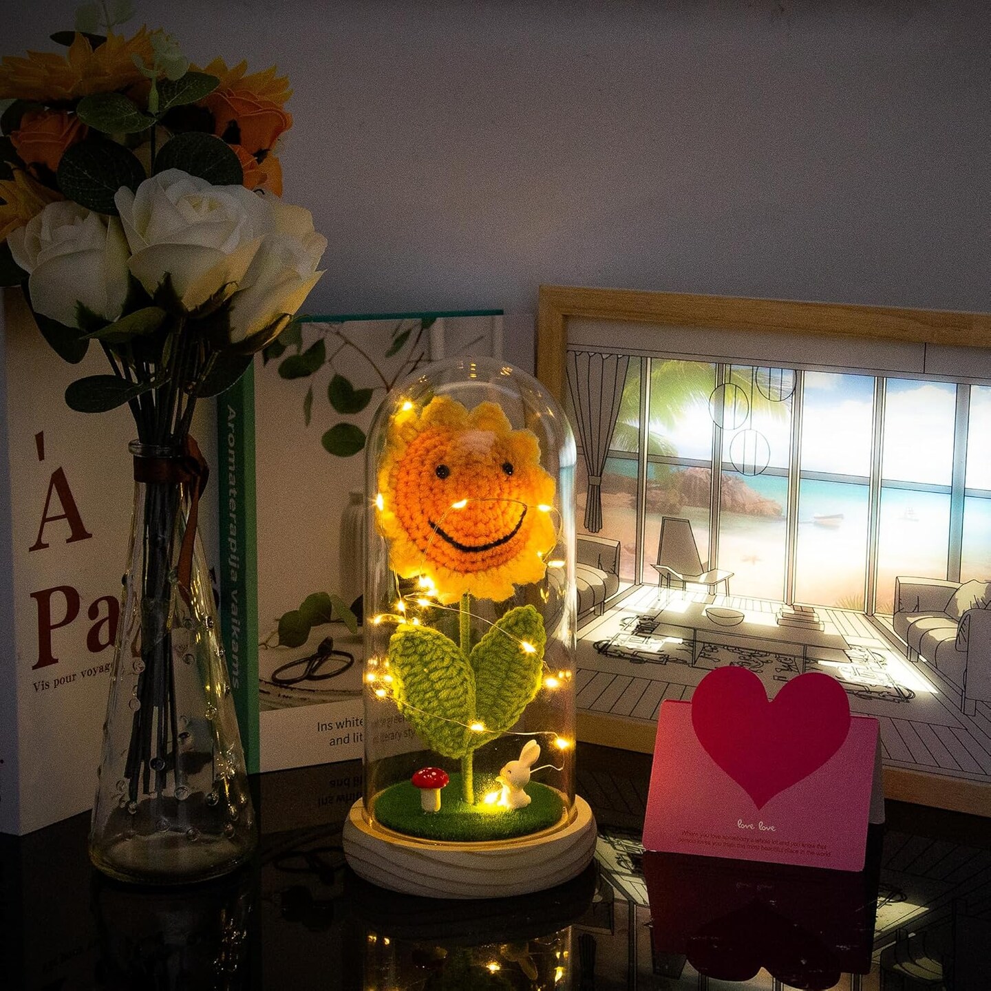 Sunflower Gifts for Women Birthday, Crochet Sunflowers in Dome with LED Strip for Her, Sun Flowers Gifts for Wife Girlfriend Mom on Birthday Mother&#x27;s Day