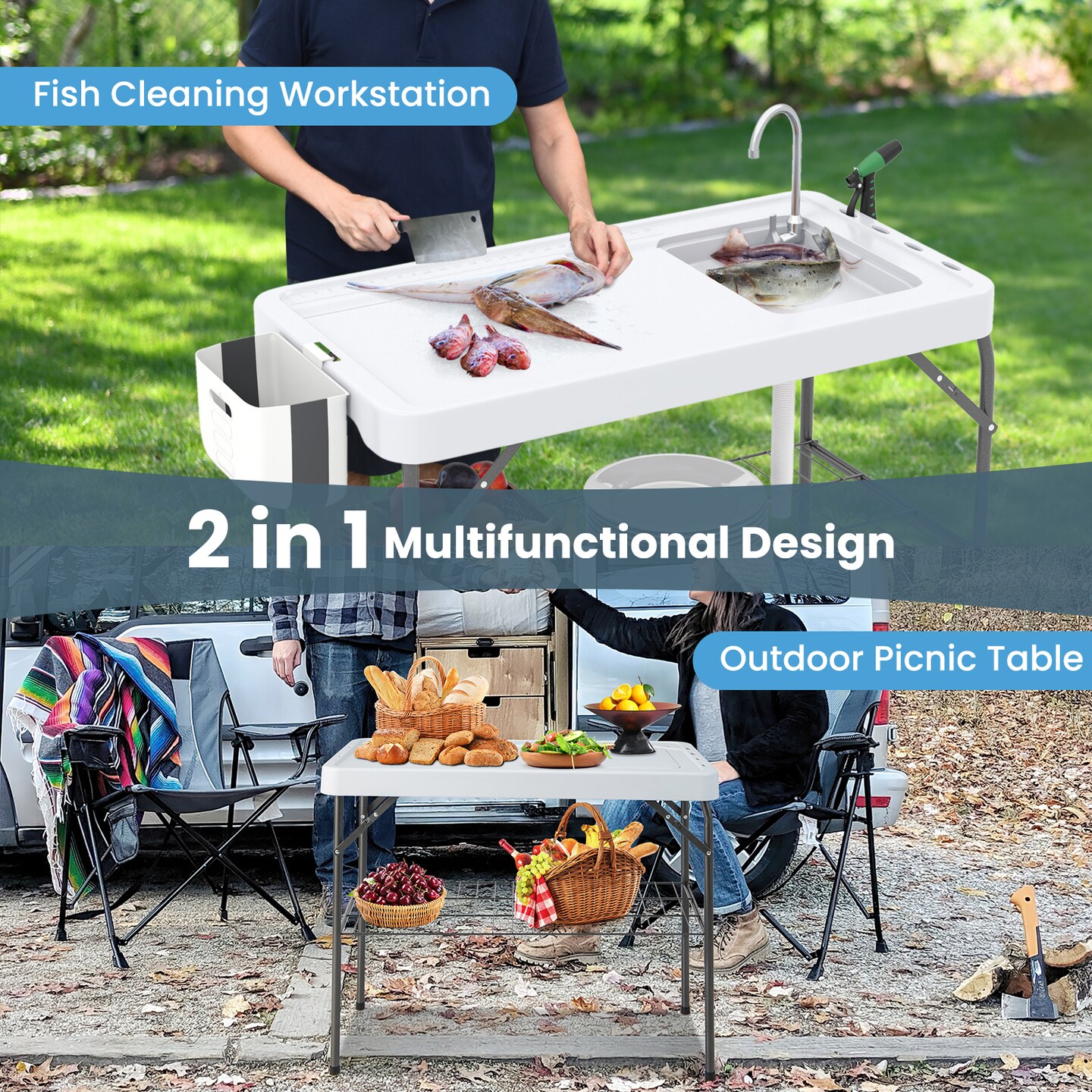 2 in 1 Foldable Fish Cleaning Workstation with Adjustable Drain Hose and Metal Frame