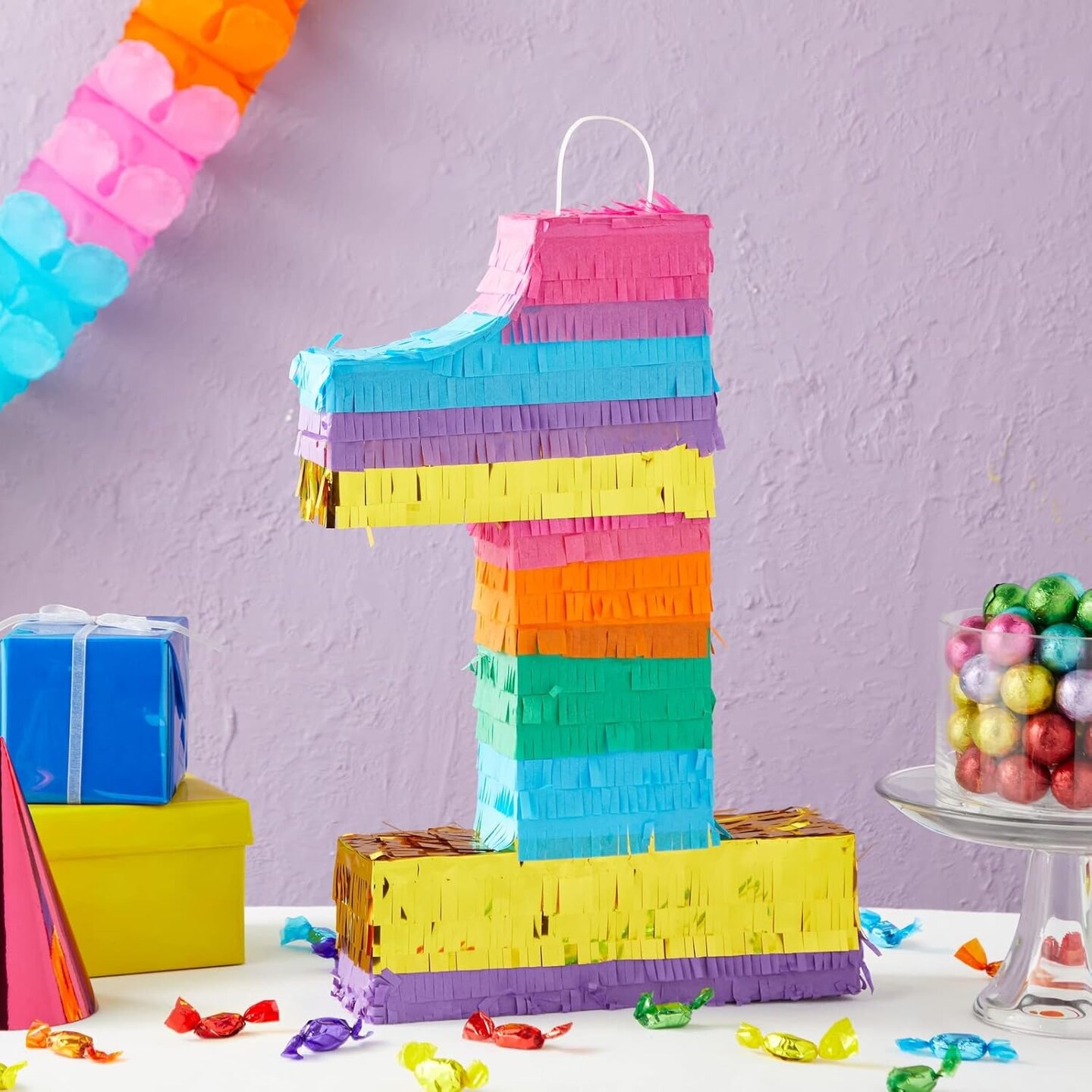 Rainbow Number 1 Pinata for 1st Birthday Party Decorations, Fiesta, Cinco de Mayo, Anniversary Celebration (Small, 16.5 x 11 x 3 Inches)