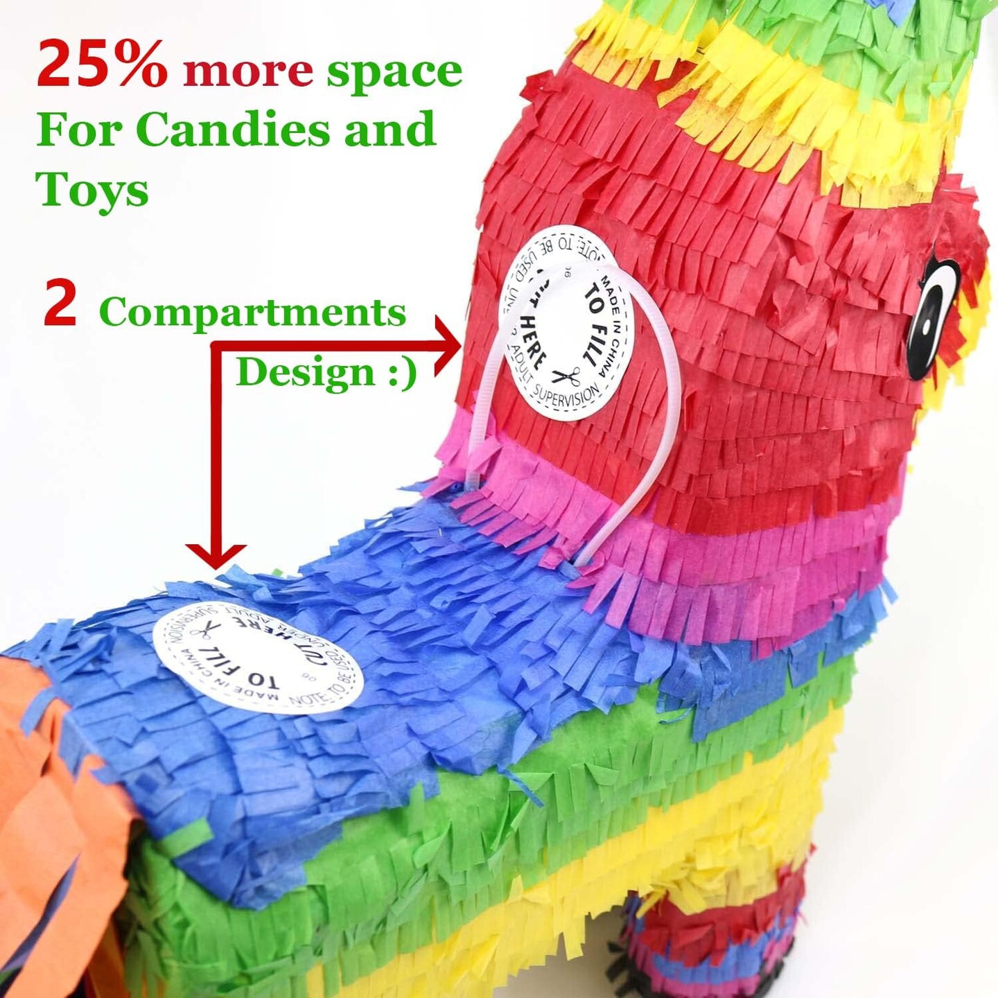 16" Rainbow Donkey Pinata - Mexican Theme Party Decoration for Birthdays, Fiestas & Cinco de Mayo - 16 x 13 x 4.5 Inch Kids Party Favors