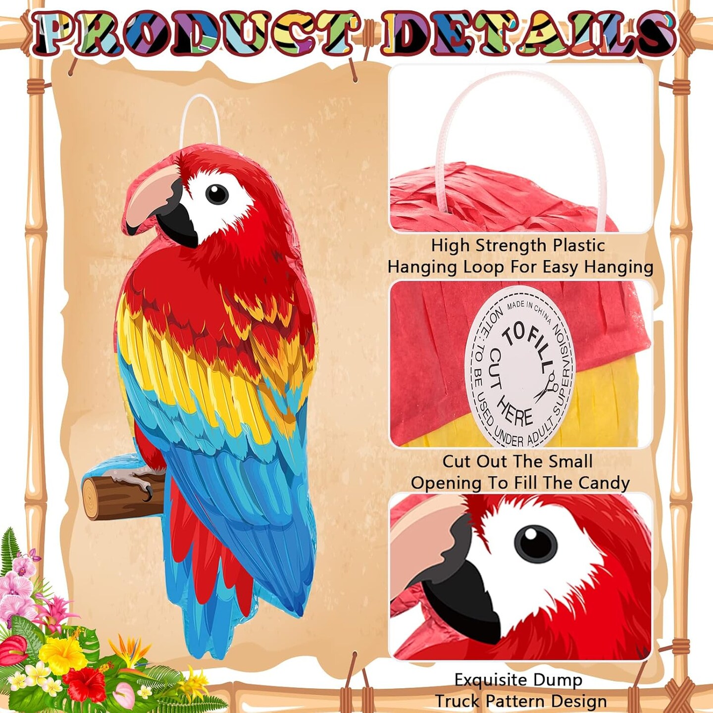 Small Parrot Pi&#xF1;ata Hawaiian Party Supplies Parrot Pi&#xF1;ata Bird Toy with Blindfold Stick for Luau Hawaii Summer Rainforest Tropical Pirate Theme Birthday Decorations