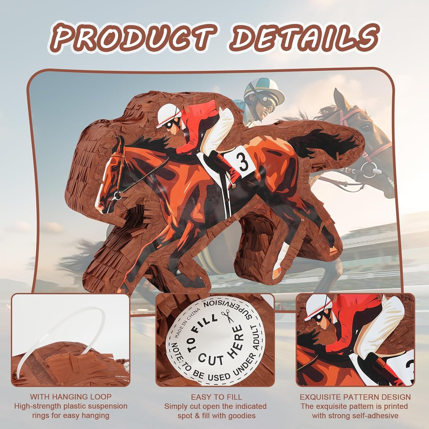 Horse Racing Piñata - Horse Race Piñata with Bat and Blindfold for Boys Kids Kentucky Derby Horse Birthday Party Game Decorations (16.5”x10”x3”)