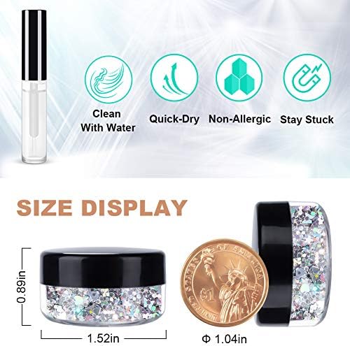 Silver Holographic Chunky Glitter Cosmetic Body Hair Face Eye Nail for Festival Carnival Concert Party Beauty Rave Accessories Different Sizes&#x26;Shapes 2 Pots 14g/0.5oz+ Quick Dry Primer Glue Gel