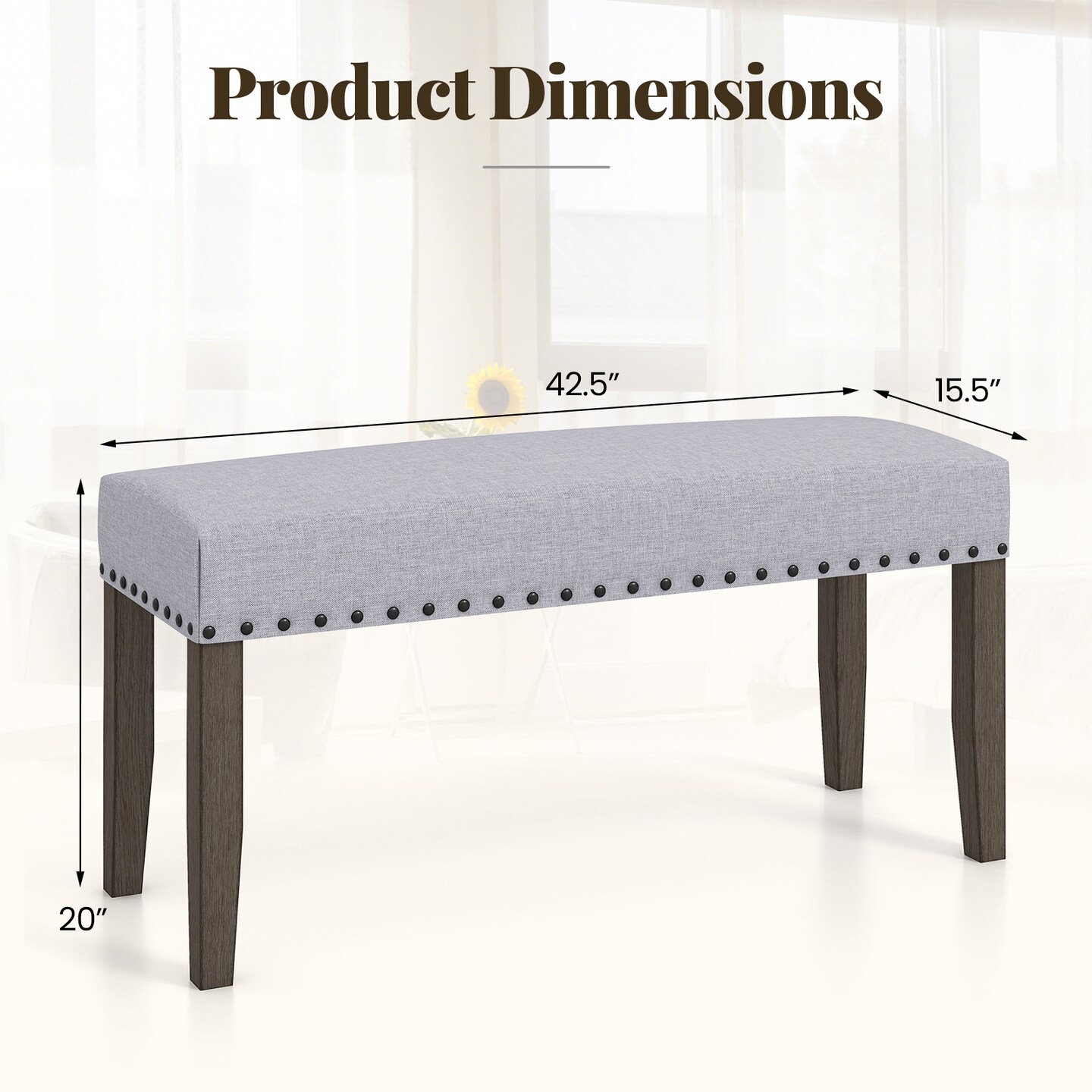 42.5 Inch Grey Upholstered Entryway End of Bed Bench with Padded Seat and Wooden 4 Legs