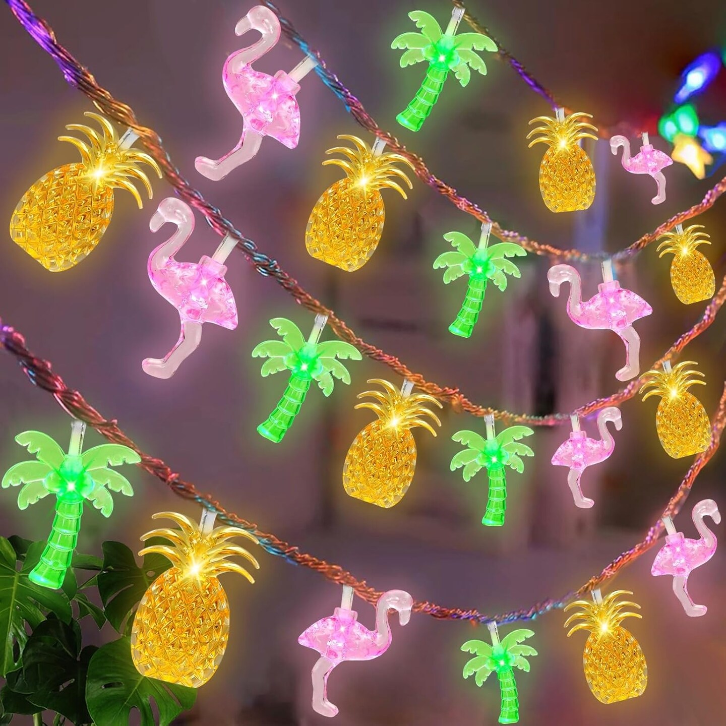 30 LED Tropical Summer String Lights &#x2013; 16Ft Flamingo, Pineapple &#x26; Palm Tree Fairy Lights with 8 Modes &#x26; Timer &#x2013; Battery Operated Beach, Pool &#x26; Luau Party Decor