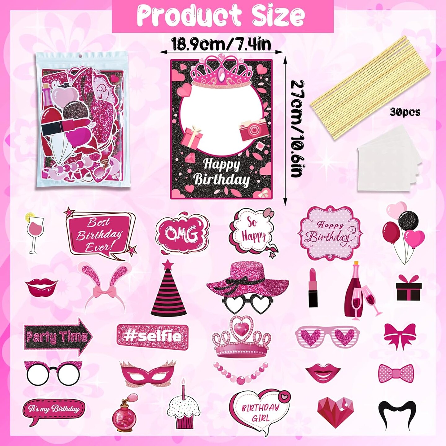 30 Pieces Hot Pink Girls Birthday Photo Booth Props Kit