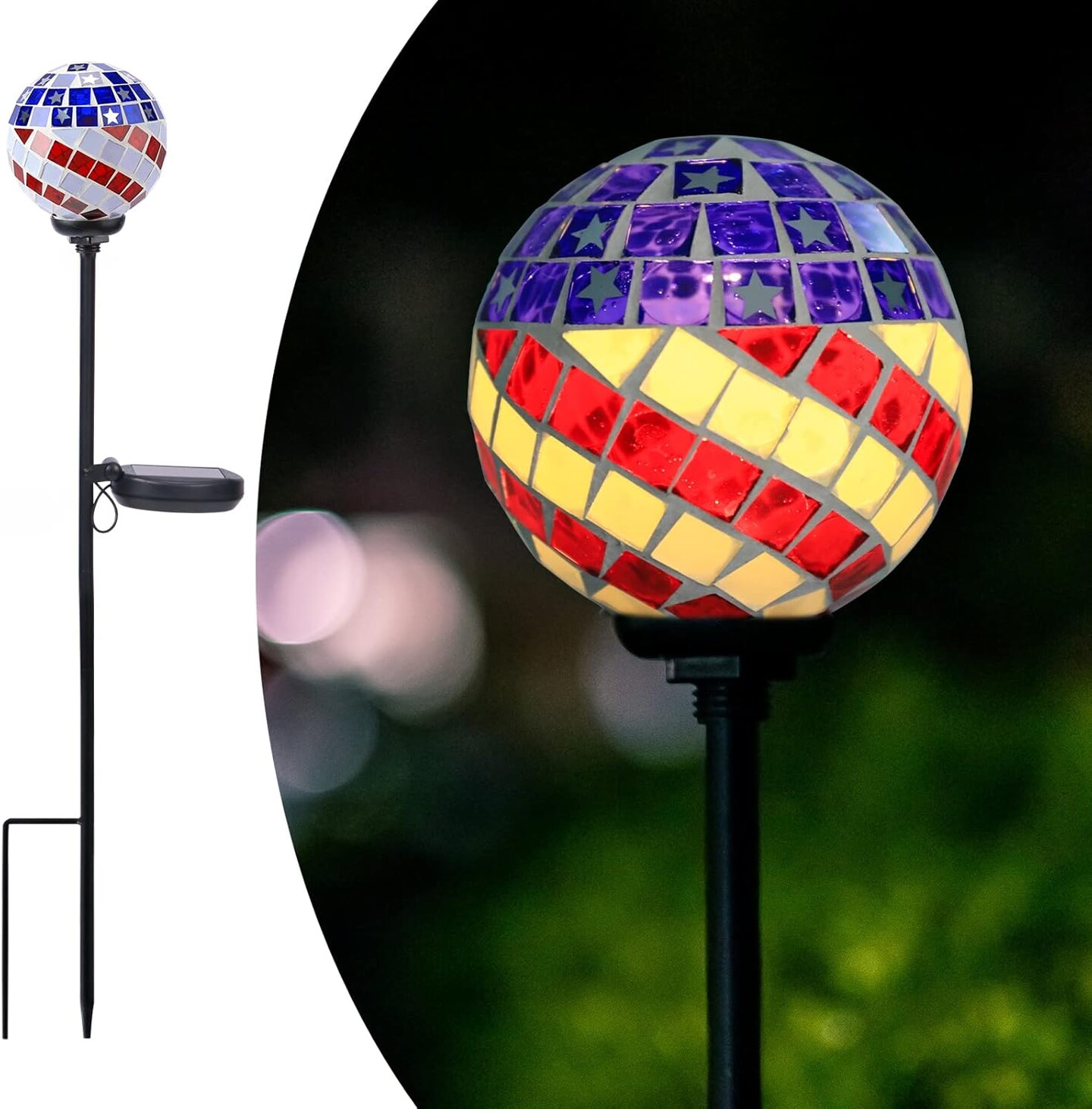 Solar Lights Outdoor Decorative - Solar Gazing Ball Mosaic Garden Stakes Patriotic Stars and Stripes Decorative Lights Waterproof