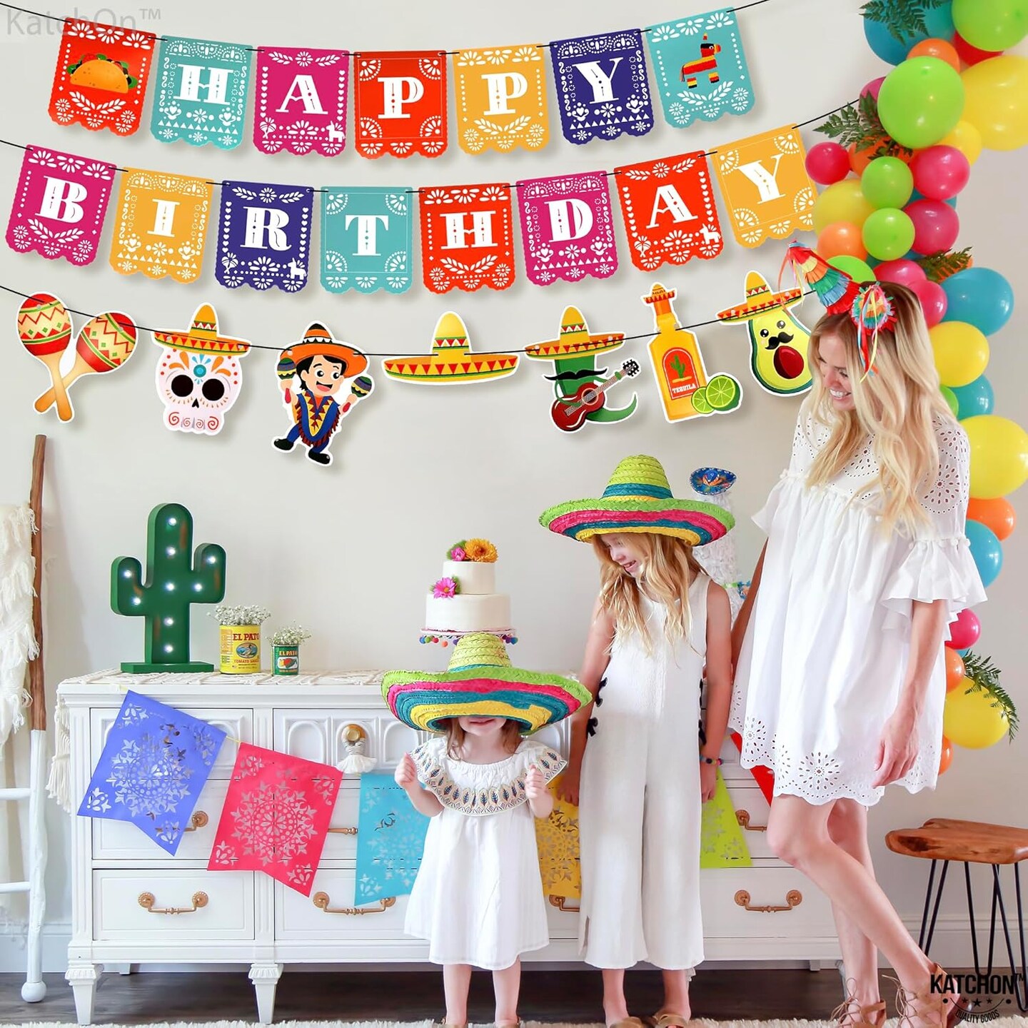 Fiesta Happy Birthday Banner - 15 feet, 3 String | Cinco De Mayo Theme, Mexican Fiesta Pinata Sombrero Garland for Mexican Birthday Party Decorations | Mexican Banner Fiesta Party Decorations
