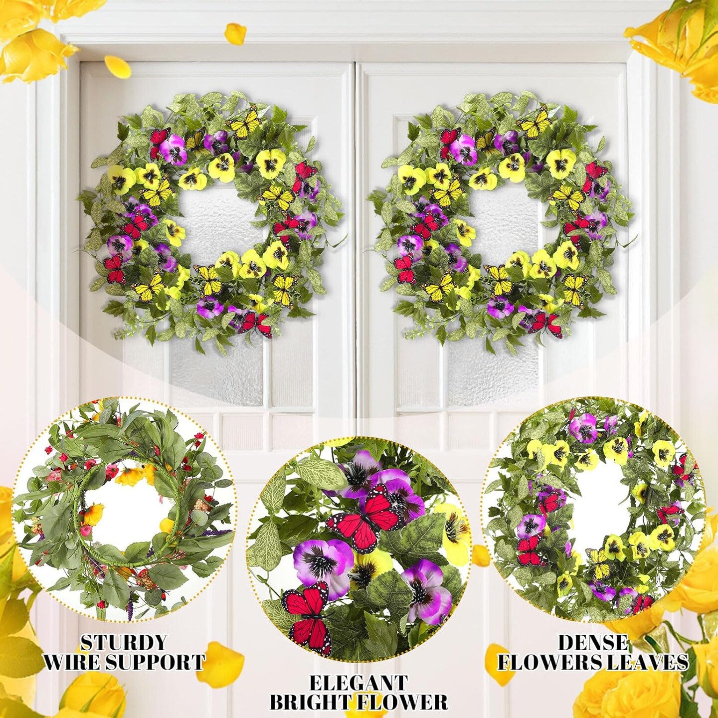 2 Pcs Summer Door Wreaths for Front Door &#x2013; 22&#x27;&#x27; Artificial Yellow and Purple Pansy Wildflower Wreaths for Indoor and Outdoor Home Decor