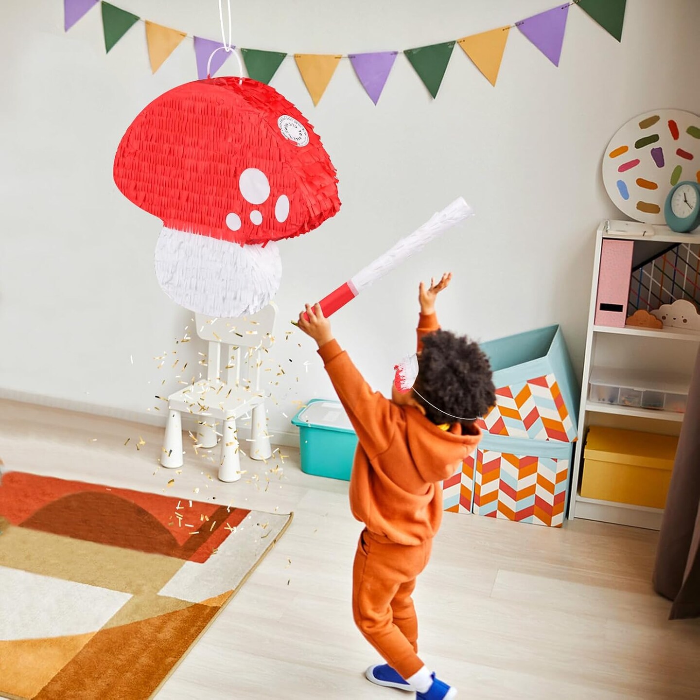 Mushroom Pinata with Stick and Blindfold 3D Red Mushroom Pinata for Kids Fairy Theme Birthday Party Decorations Forest Jungle Party Supplies Baby Shower Fantasy Decor