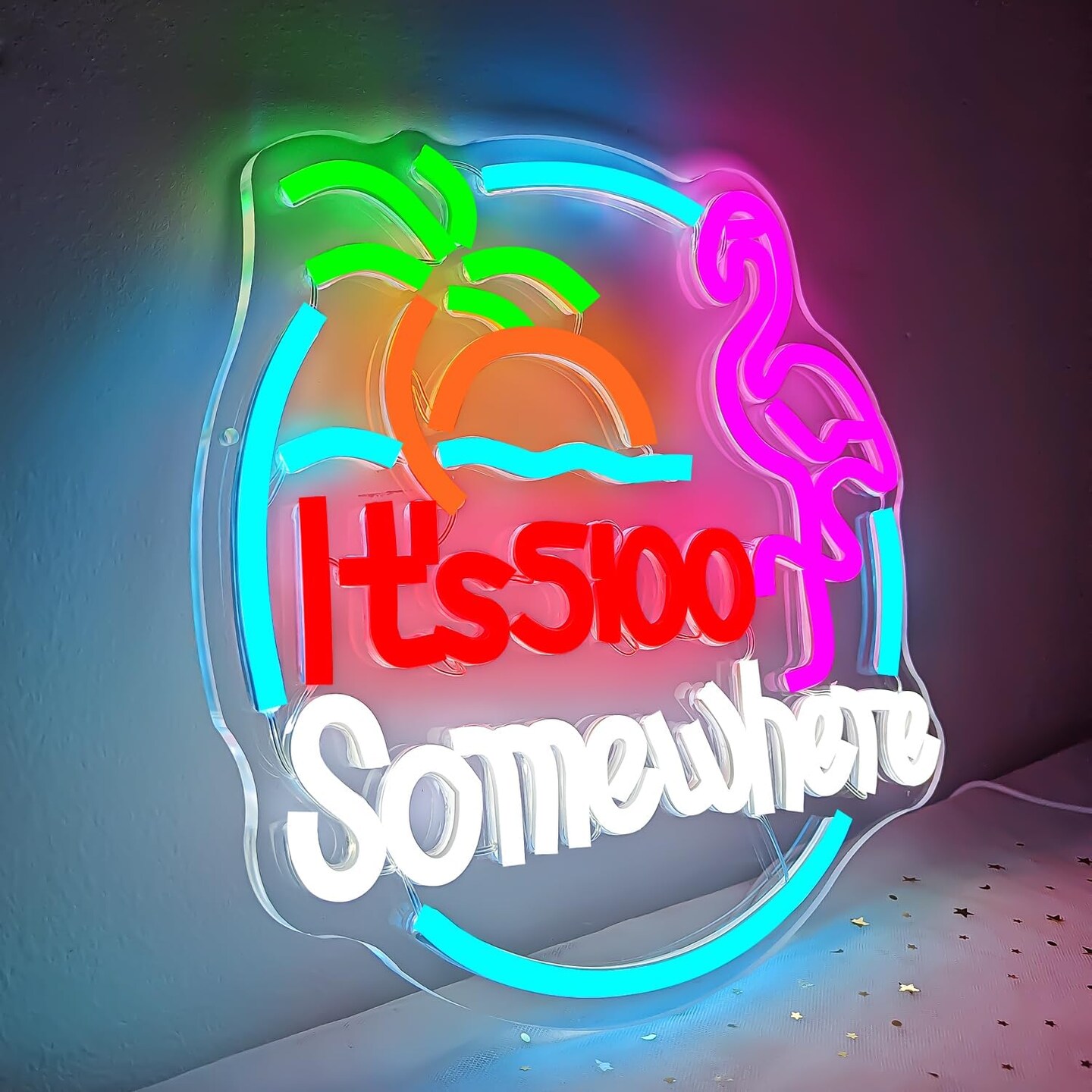 Summer Flamingo &#x22;It&#x2019;s 5:00 Somewhere&#x22; Neon Sign &#x2013; Tropical Summer LED Wall Light for Tiki Bars, Home Bars, Patios &#x26; Poolside Vibes