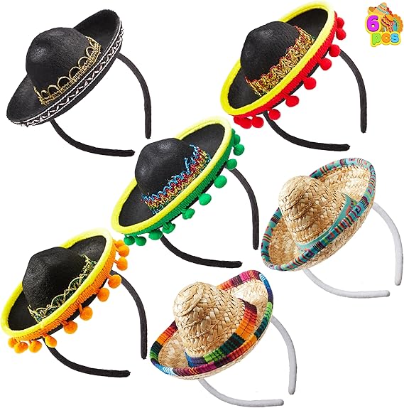 6 PCS Cinco De Mayo Fiesta Fabric and Straw Sombrero Headbands Party Costume for Fun Fiesta Hat Party Supplies, Luau Event Photo Props, Mexican Theme Decorations and Party Favors