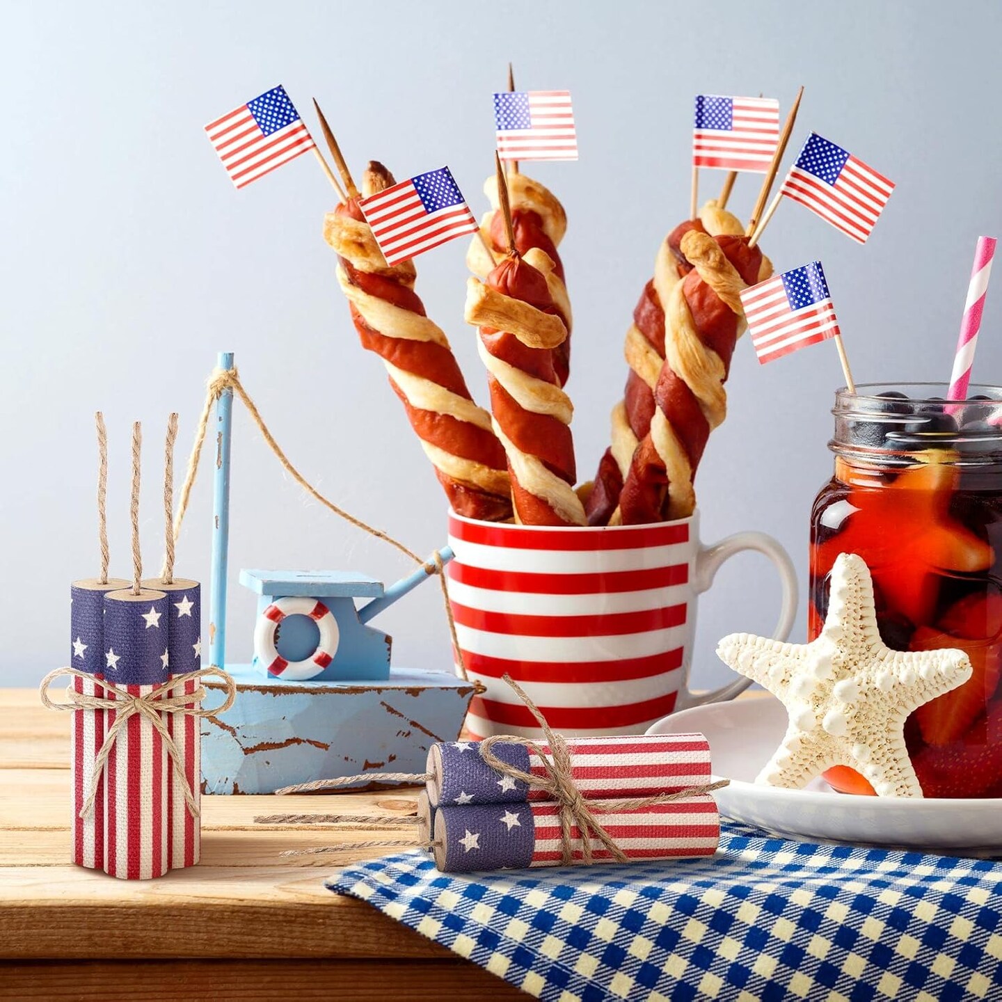 12 Pcs Patriotic Decor 4th of July Tiered Tray Decor Memorial Day Wooden Firework Sign Rustic Farmhouse Fourth of July Centerpieces Wood Block Sign Independence Day Decorations for Tabletops